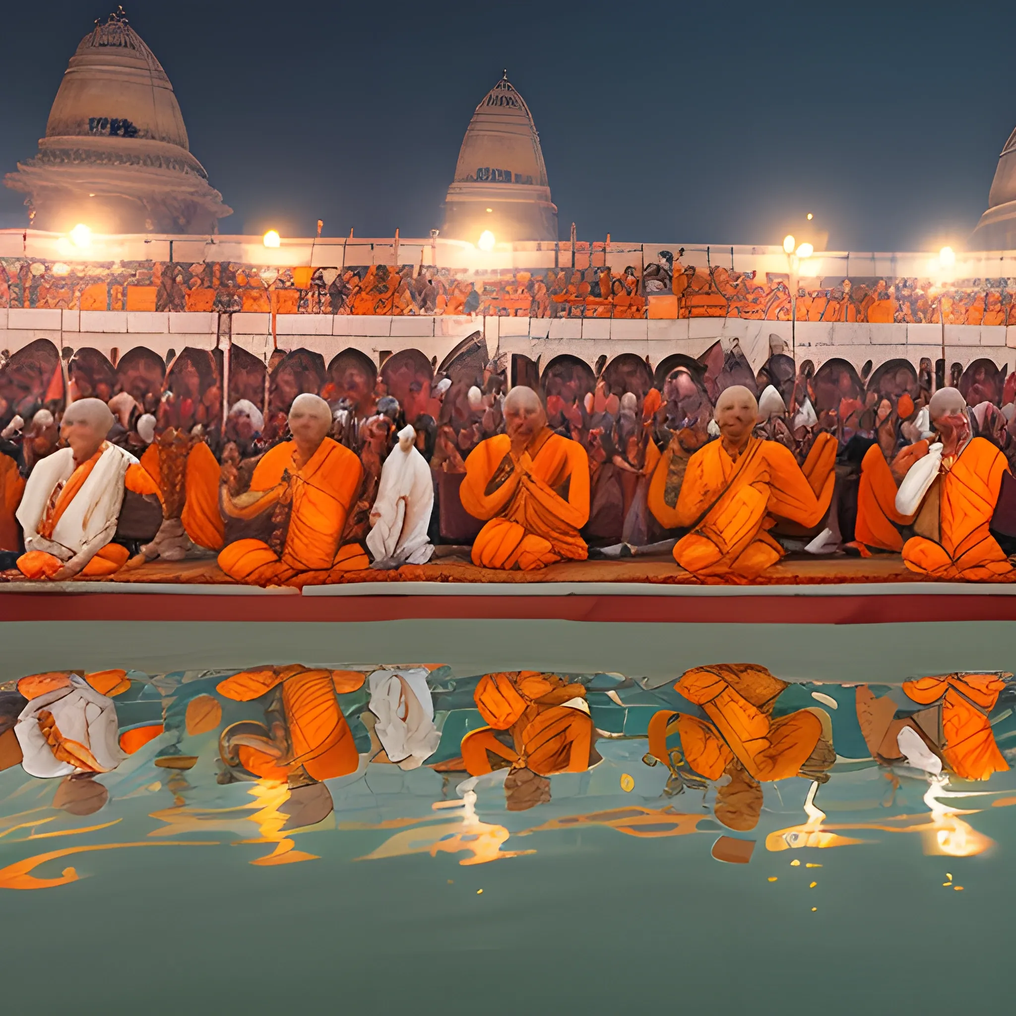 picture of old  hindu priests performing ganga arti on the ghaat of river Ganga in the city of ((Varanasi)) hyper realistic face, symmetric face,  ultra high definition quality, temples and people in background, two hands, two eyes,