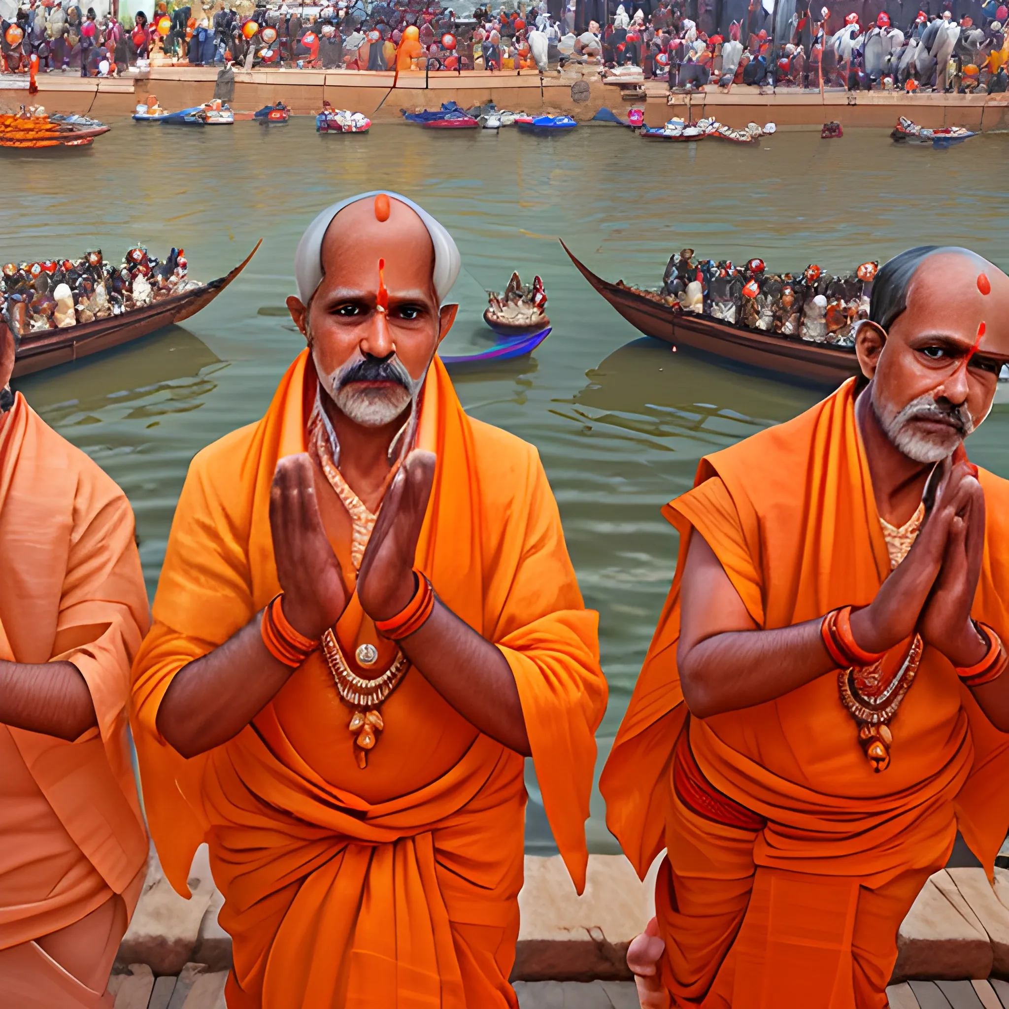 picture of old  hindu priests performing ganga arti on the ghaat of river Ganga in the city of ((Varanasi)) hyper realistic face, symmetric face,  ultra high definition quality, temples and people in background, two hands, two eyes, no distortions
