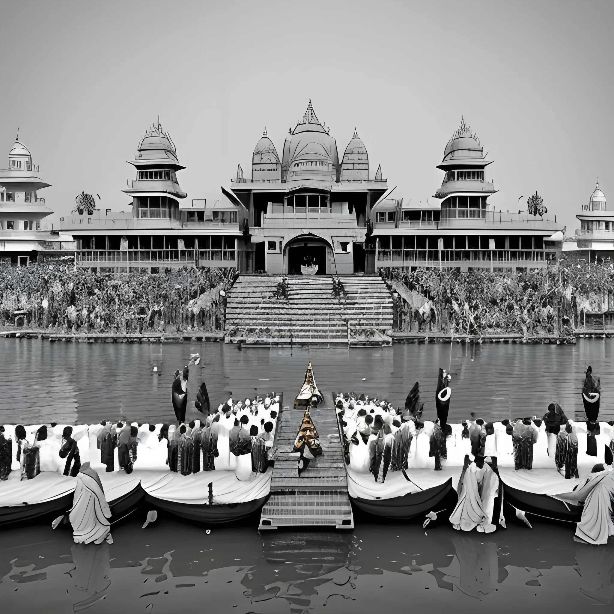 grayscale picture of old  hindu priests performing ganga arti on the ghaat of river Ganga in the city of ((Varanasi)) hyper realistic face, symmetric face,  ultra high definition quality, temples and people in background, two hands, two eyes, no distortions