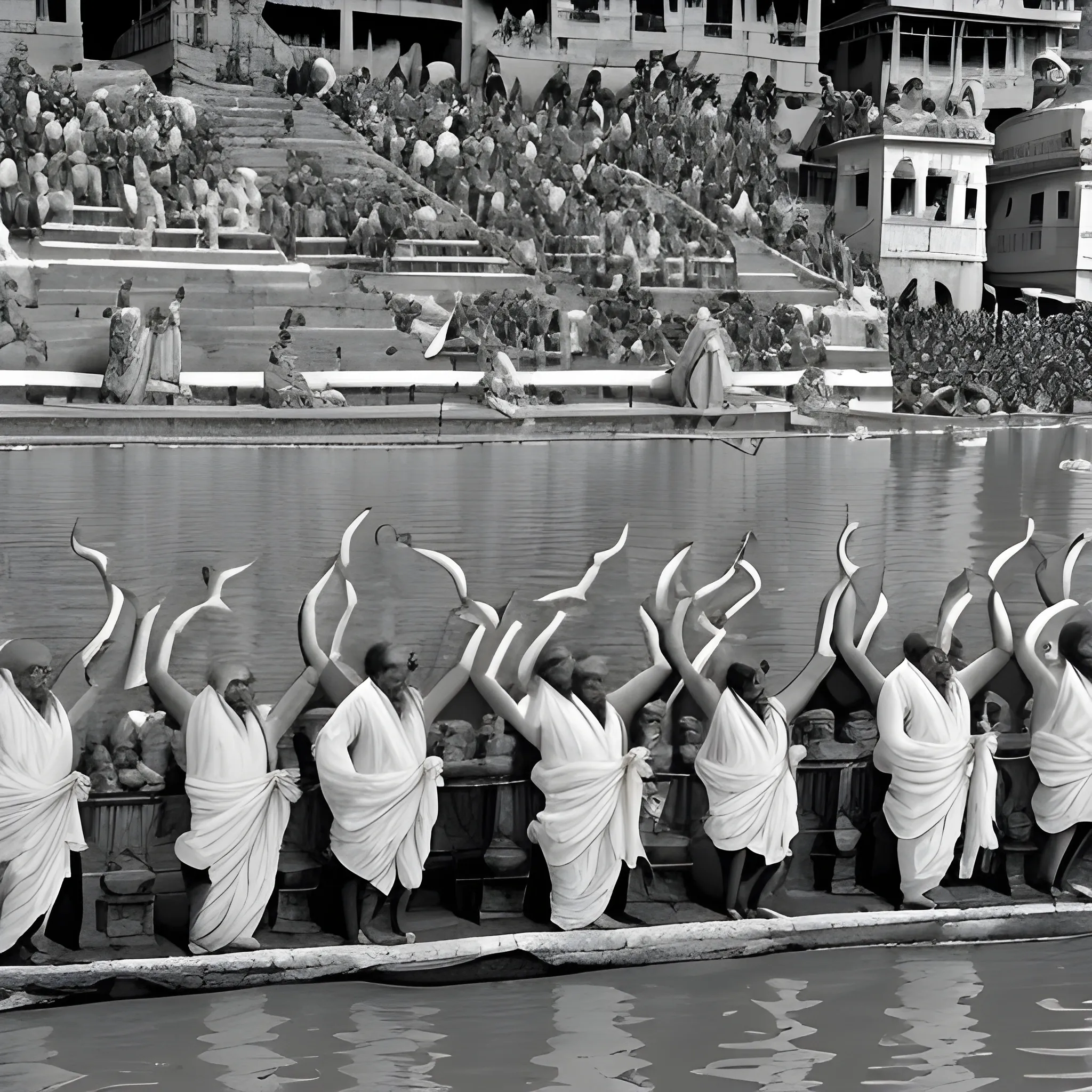 grayscale picture of old  hindu priests performing ganga arti on the ghaat of river Ganga in the city of ((Varanasi)) hyper realistic face, symmetric face,  ultra high definition quality, temples and people in background, two hands, two eyes, no distortions, very high resolution