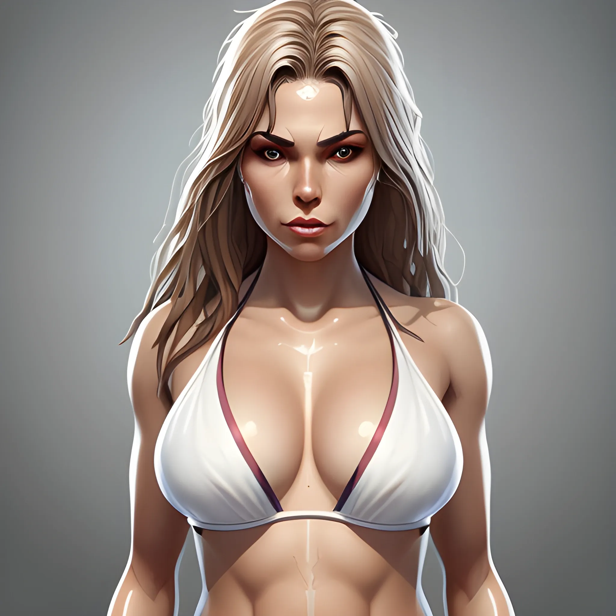 woman in bikini front view, concept art of detailed character design, symmetry, beautiful, realistic face, painted, HD, white background ,game art, full size