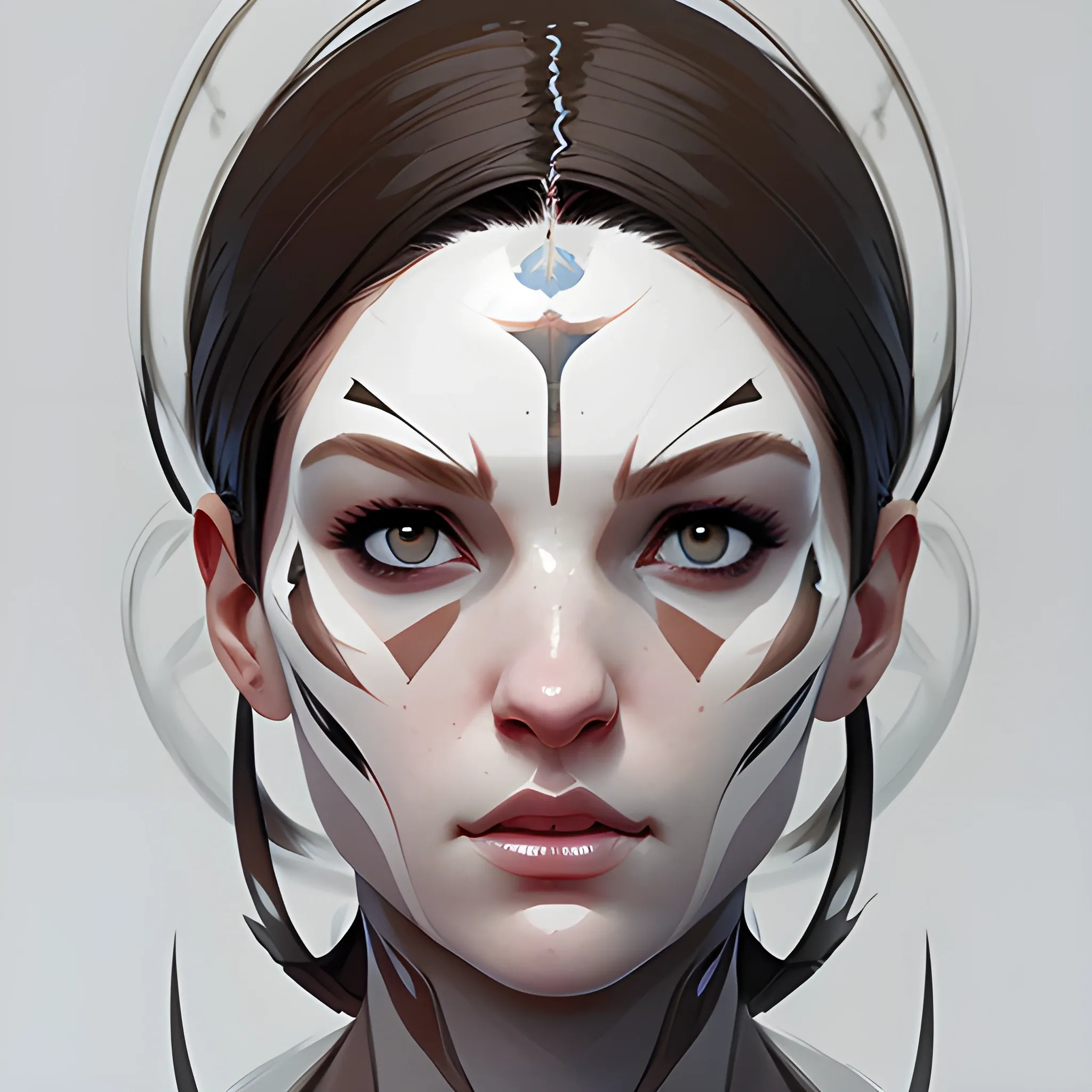 woman front view, concept art, character design, symmetry, beautiful, realistic face, painted, high quality, white background, full size, art by greg rutkowski, clear skin