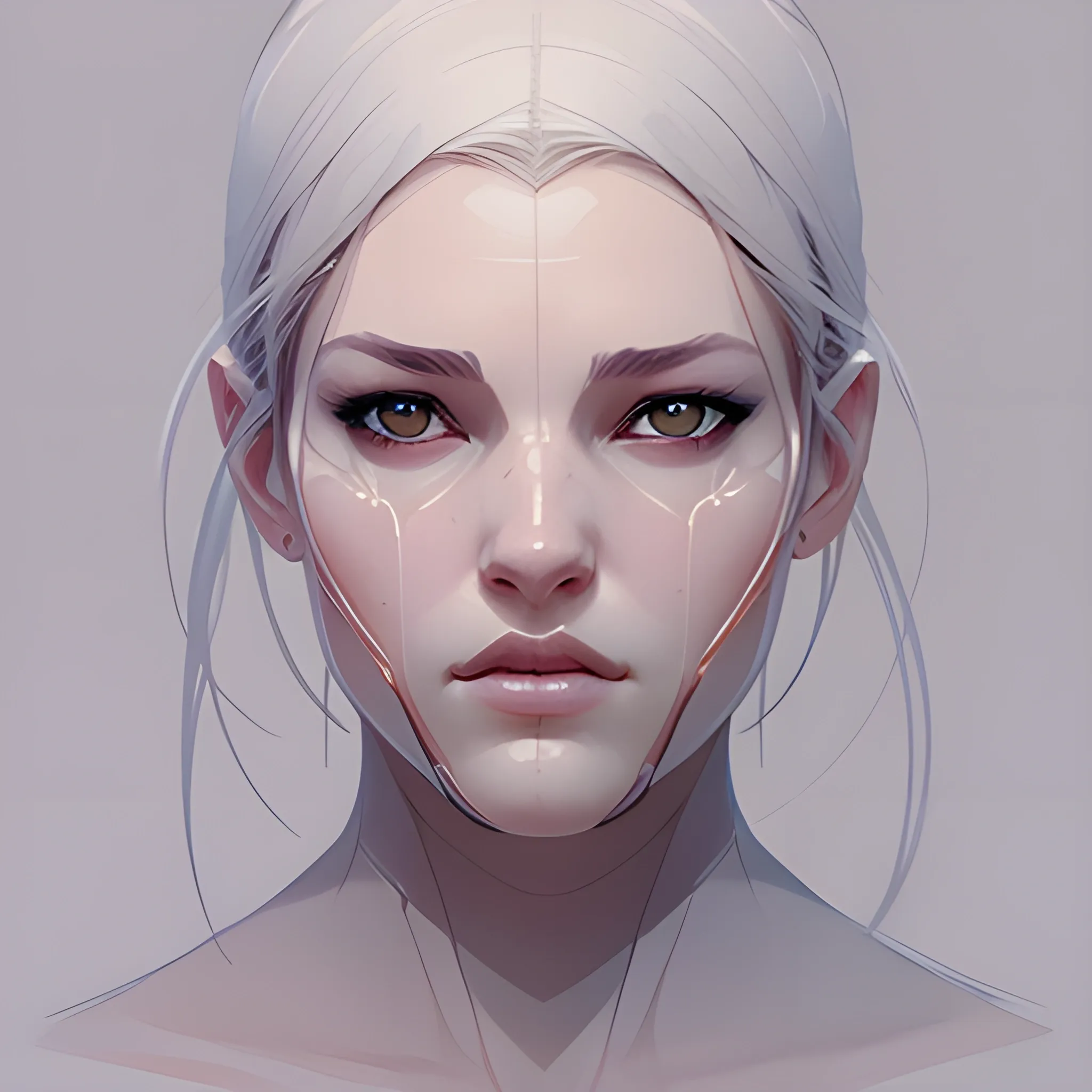woman front view, concept art, character design, symmetry, beautiful, realistic face with clear skin, high quality, white background, art by greg rutkowski,