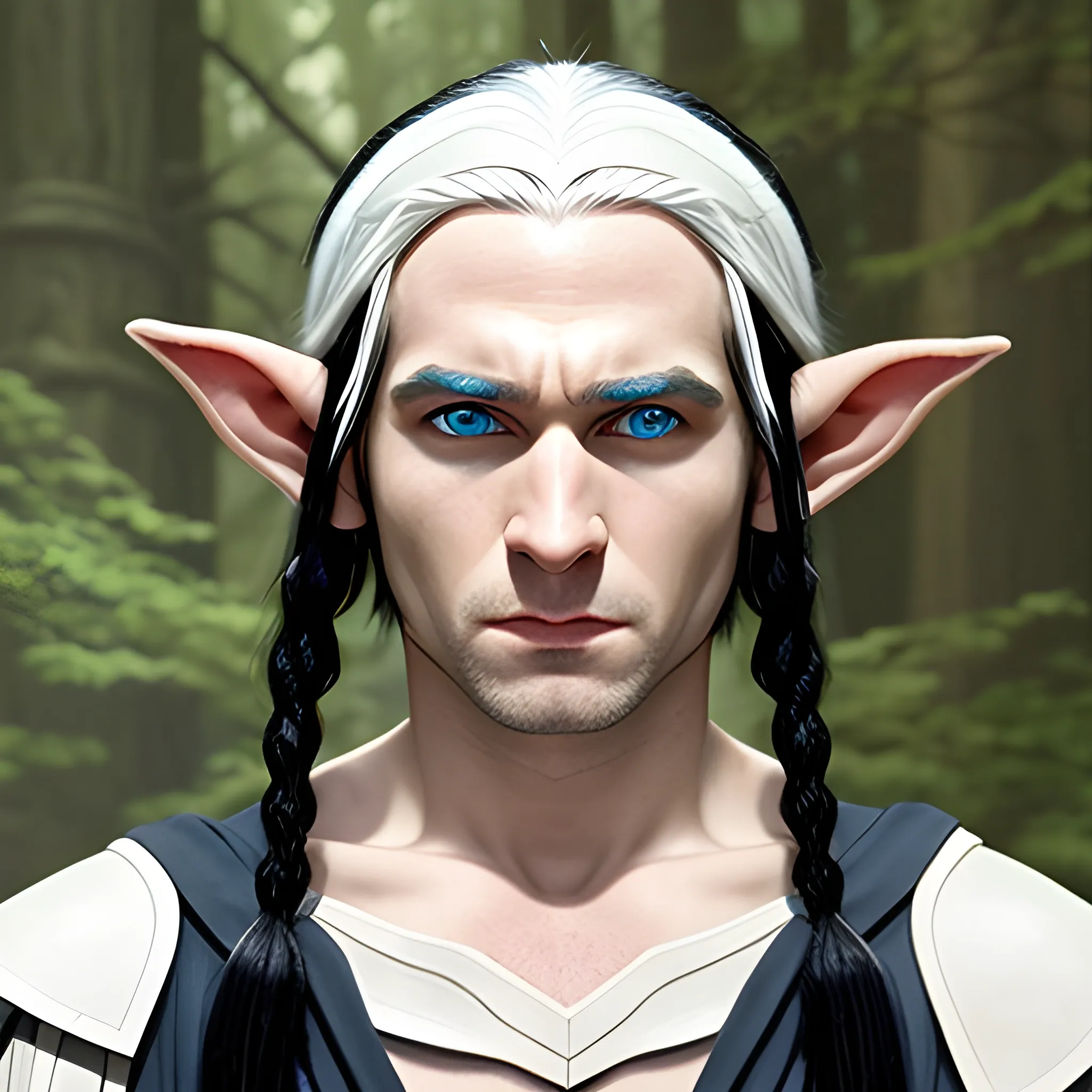 An elf, white skin, blue eyes, black hair, two long pigtails that go down to his chest, he wears a tunic 