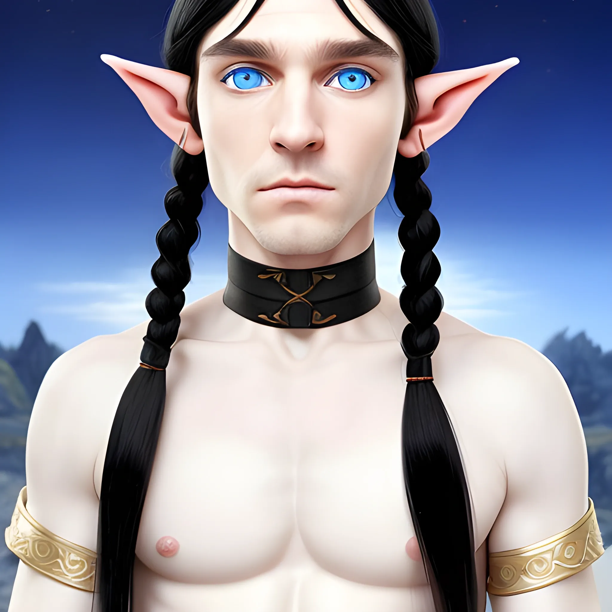 An elf, white skin, blue eyes, black hair, two long pigtails that go down to his chest, he wears a tunic, full view of him 