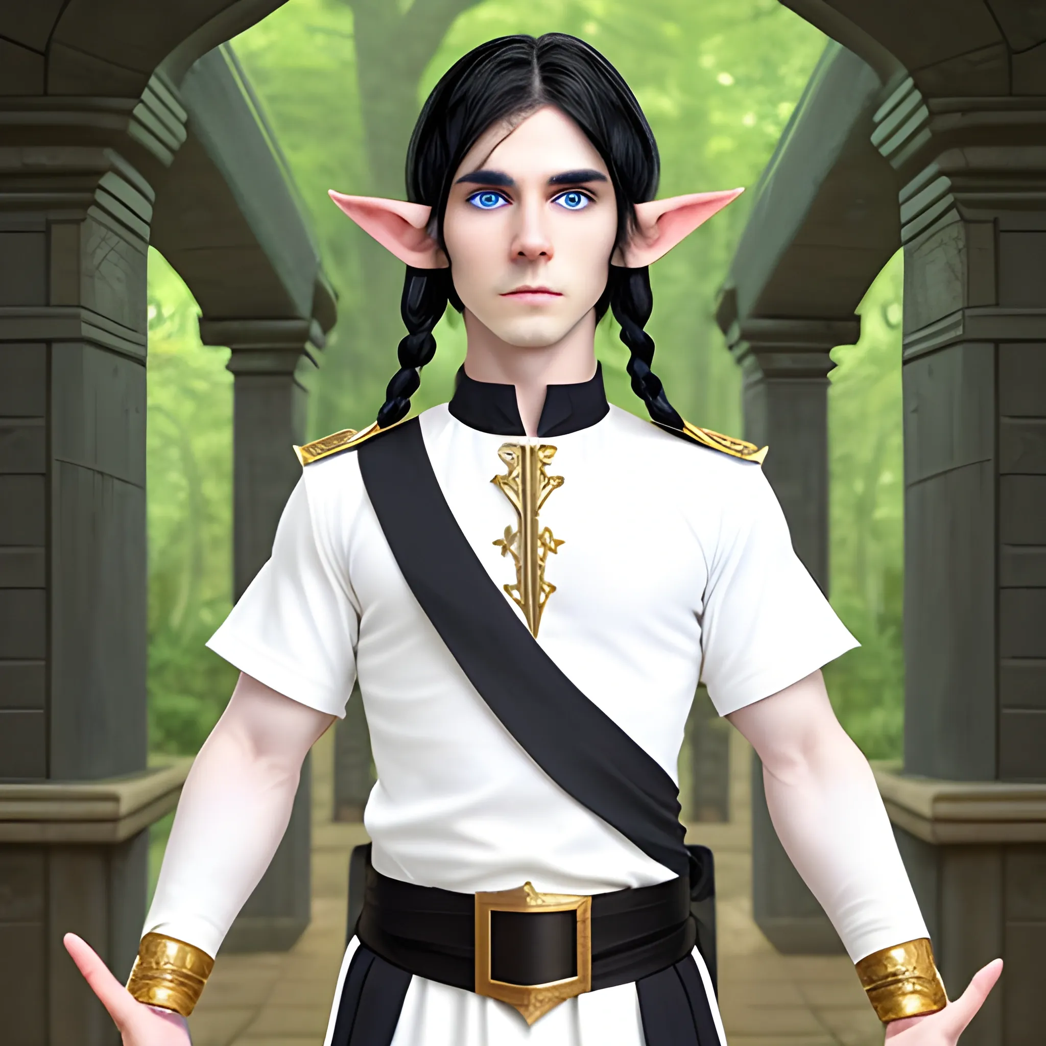 An elf, white skin, blue eyes, black hair, two long pigtails that go down to his chest, he wears a tunic, full shot, simple white shirt under the tunic, black pants with gold details 