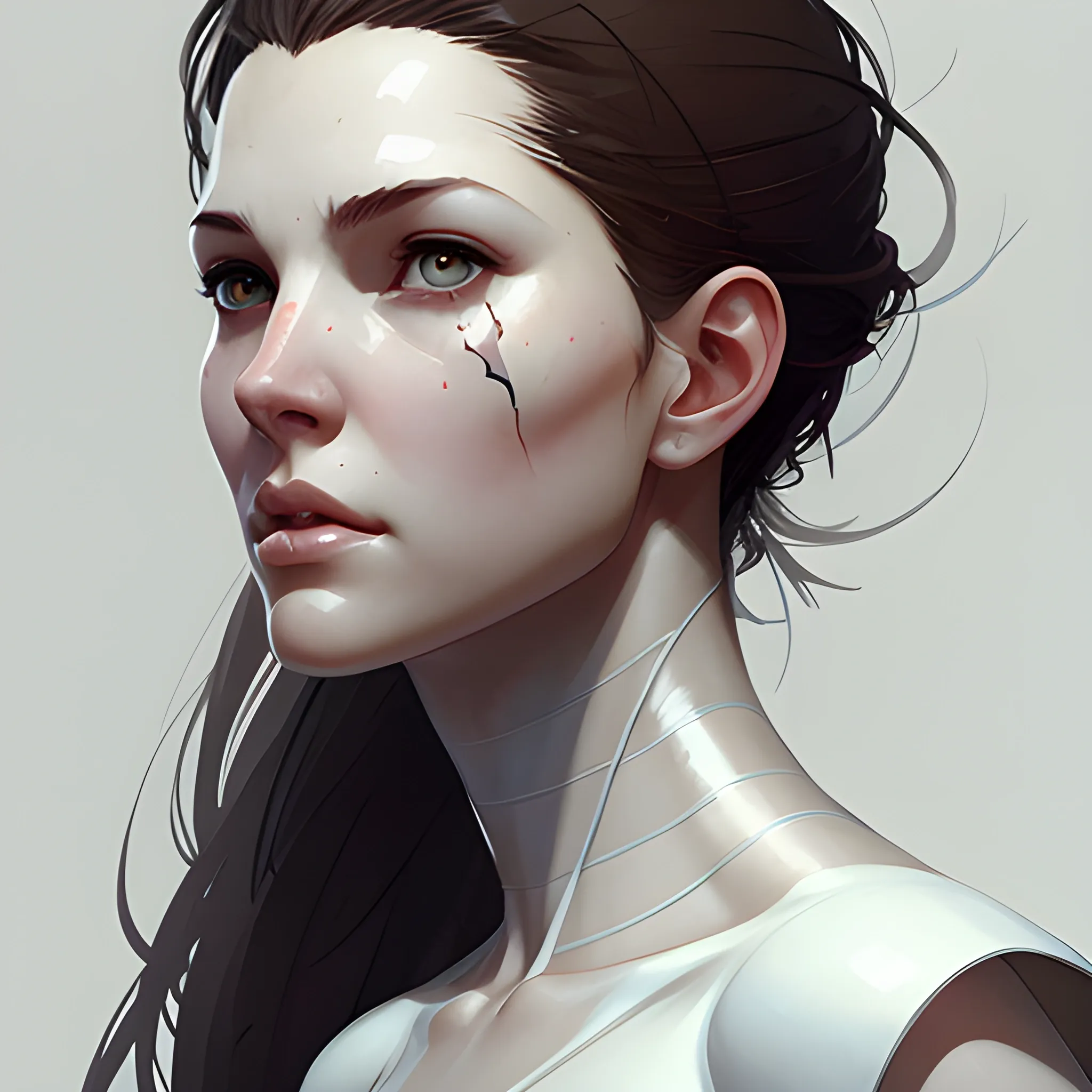 woman front view, concept art, character design, symmetry, beautiful, realistic face, white clear skin, high quality, white background, art by greg rutkowski,