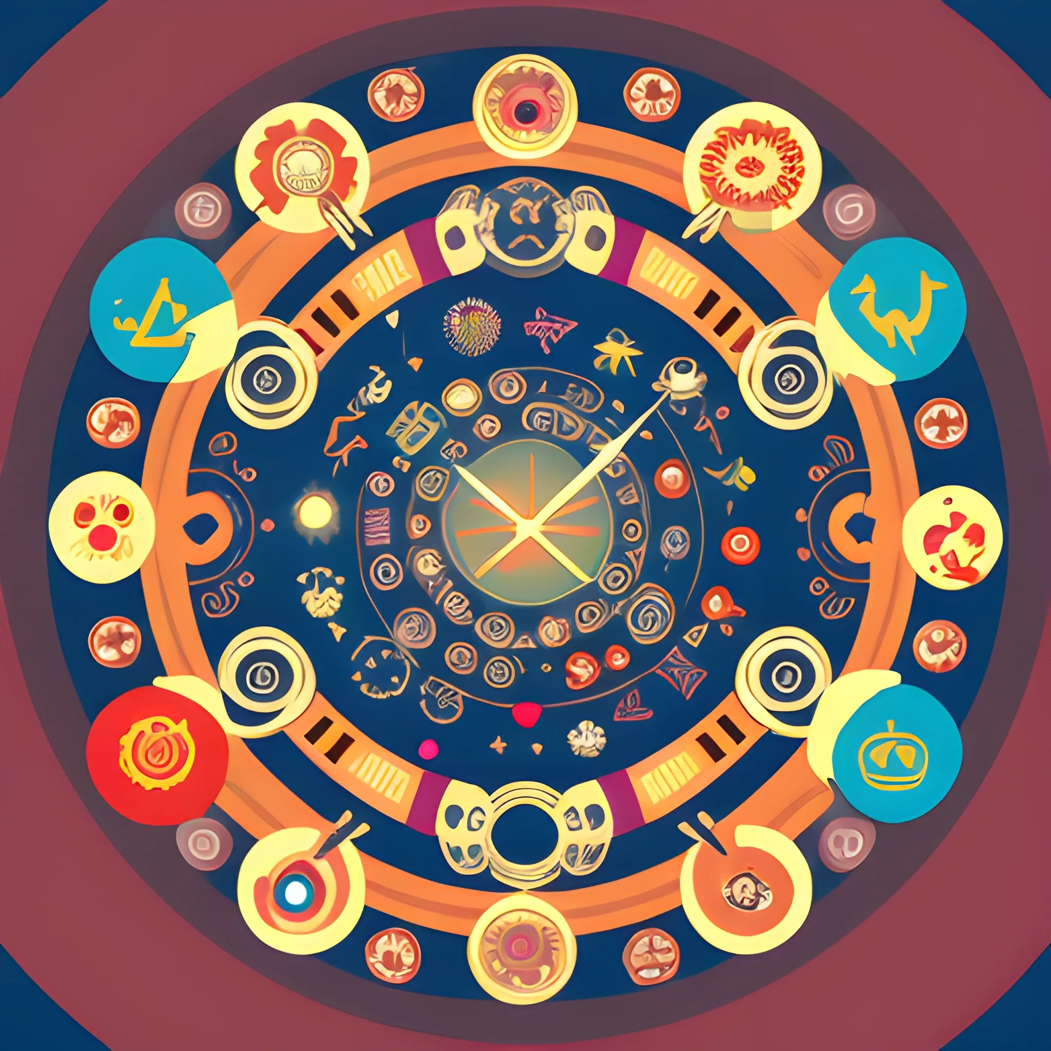 circular illustration, time travel with nuts and symbols, Trippy