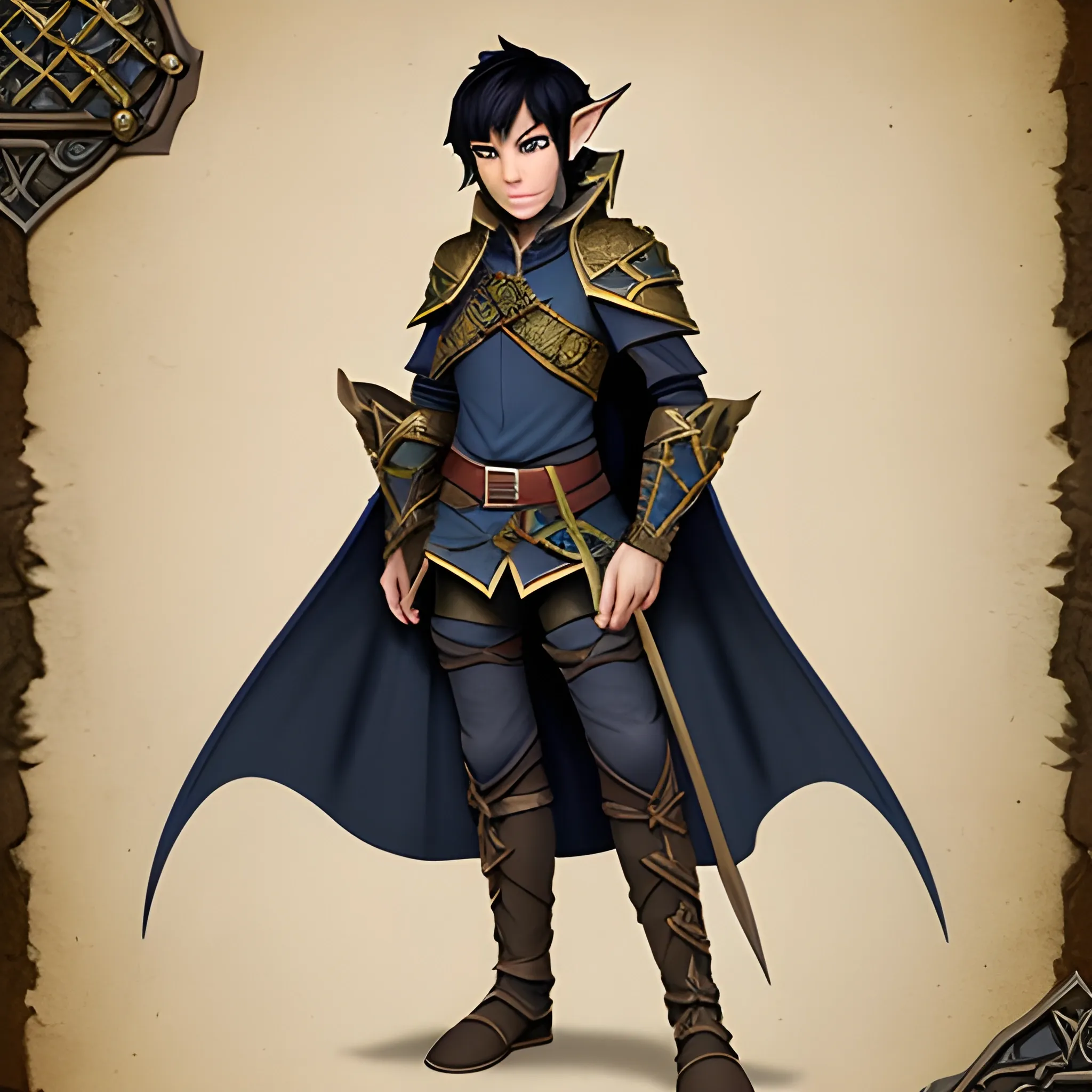 A Dungeons and Dragons elf, complete view of him, it has black hair, wears a dark blue tunic with gold details, has two horsetails