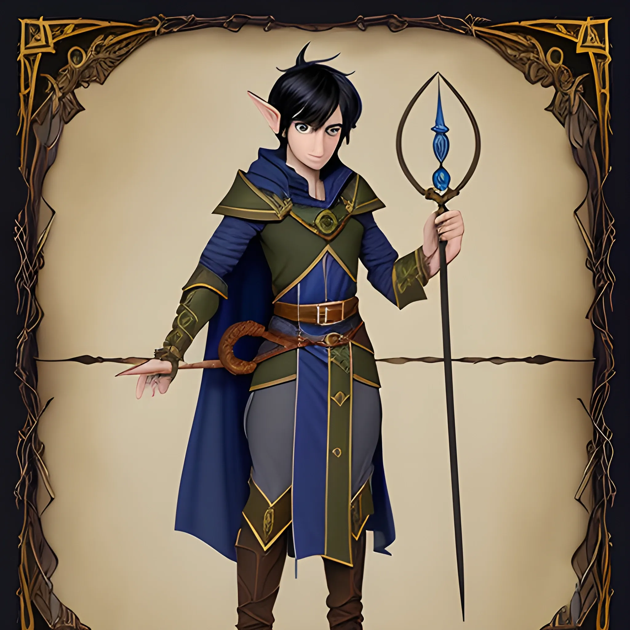 A Dungeons and Dragons elf, complete view of him, it has black hair, wears a dark blue tunic with gold details, has two horsetails, has a wizard crosier, has blue eyes