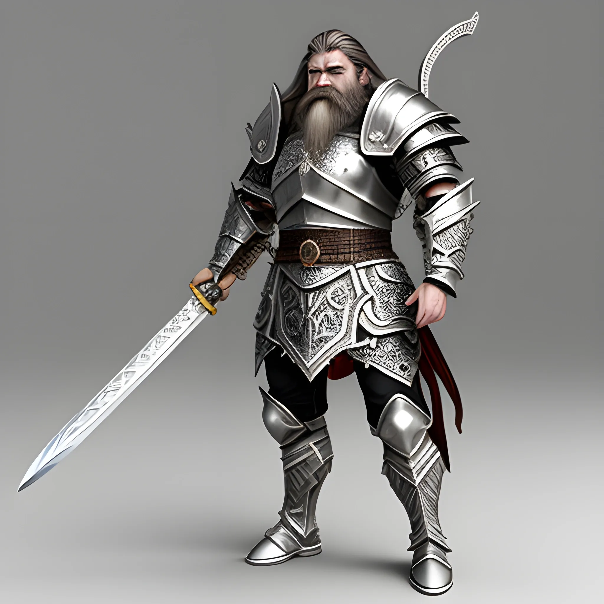 fantasy, paladin, warrior, male, intricate heavy armor, hyper realistic, 3D, elegant, mysterious, strong, sword, dwarf, silver hair, full beard