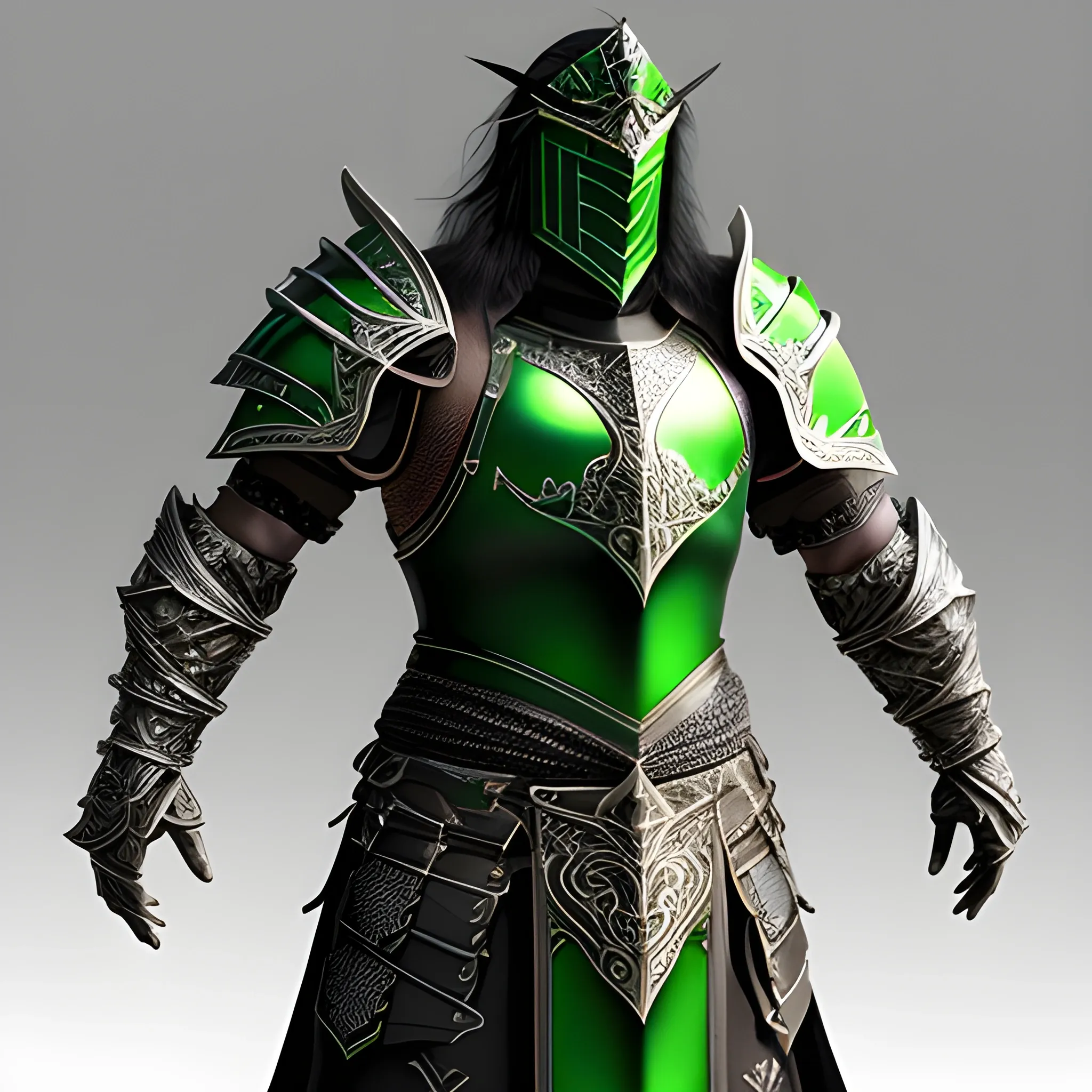 fantasy, paladin, warrior, male, intricate heavy armor, hyper realistic, 3D, elegant, mysterious, strong, sword, black hair, green armor, black armor, short hair