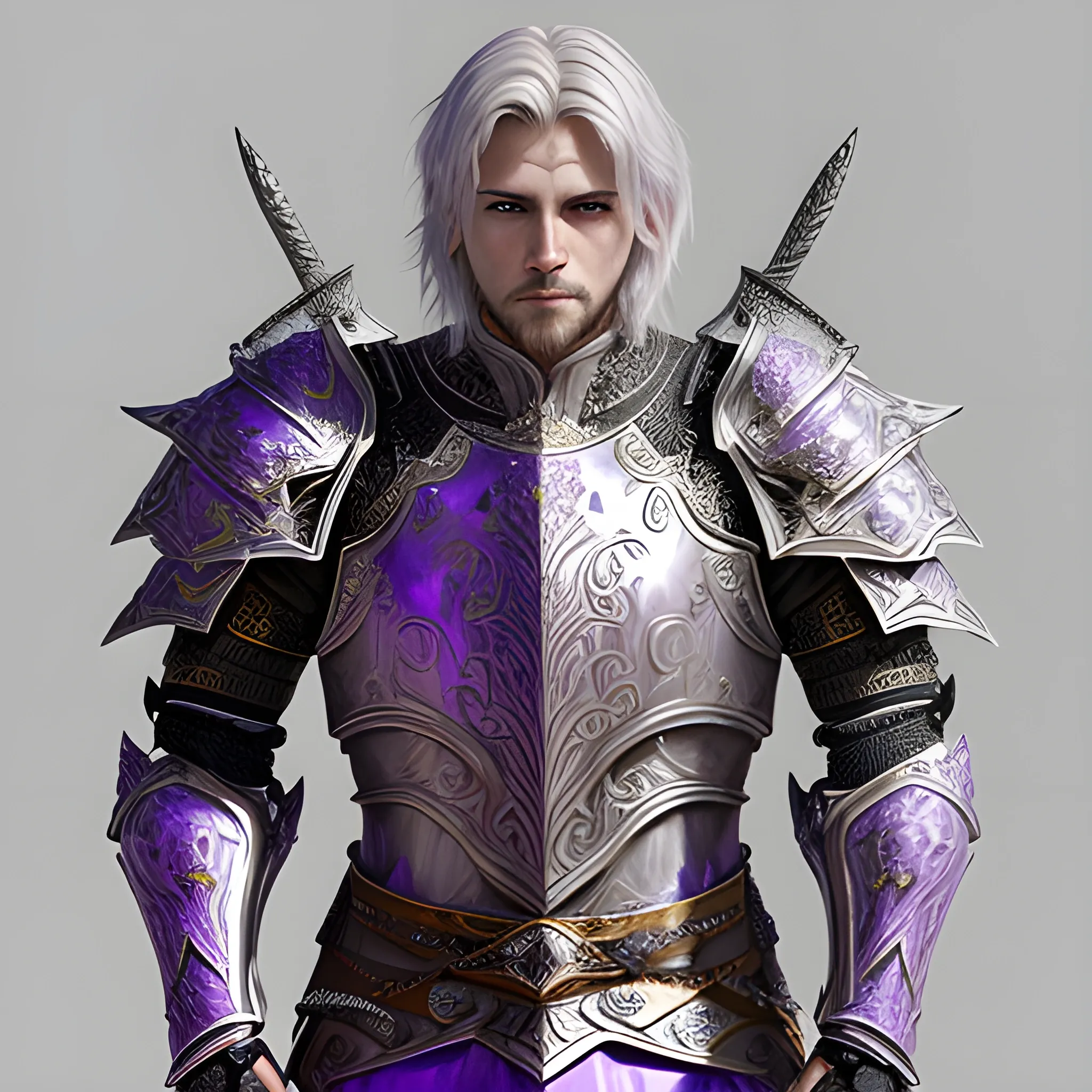 fantasy, paladin, warrior, male, intricate heavy armor, hyper realistic, 3D, elegant, mysterious, strong, sword, short silver hair, violet eyes, purple armor, gold armor, Oil Painting