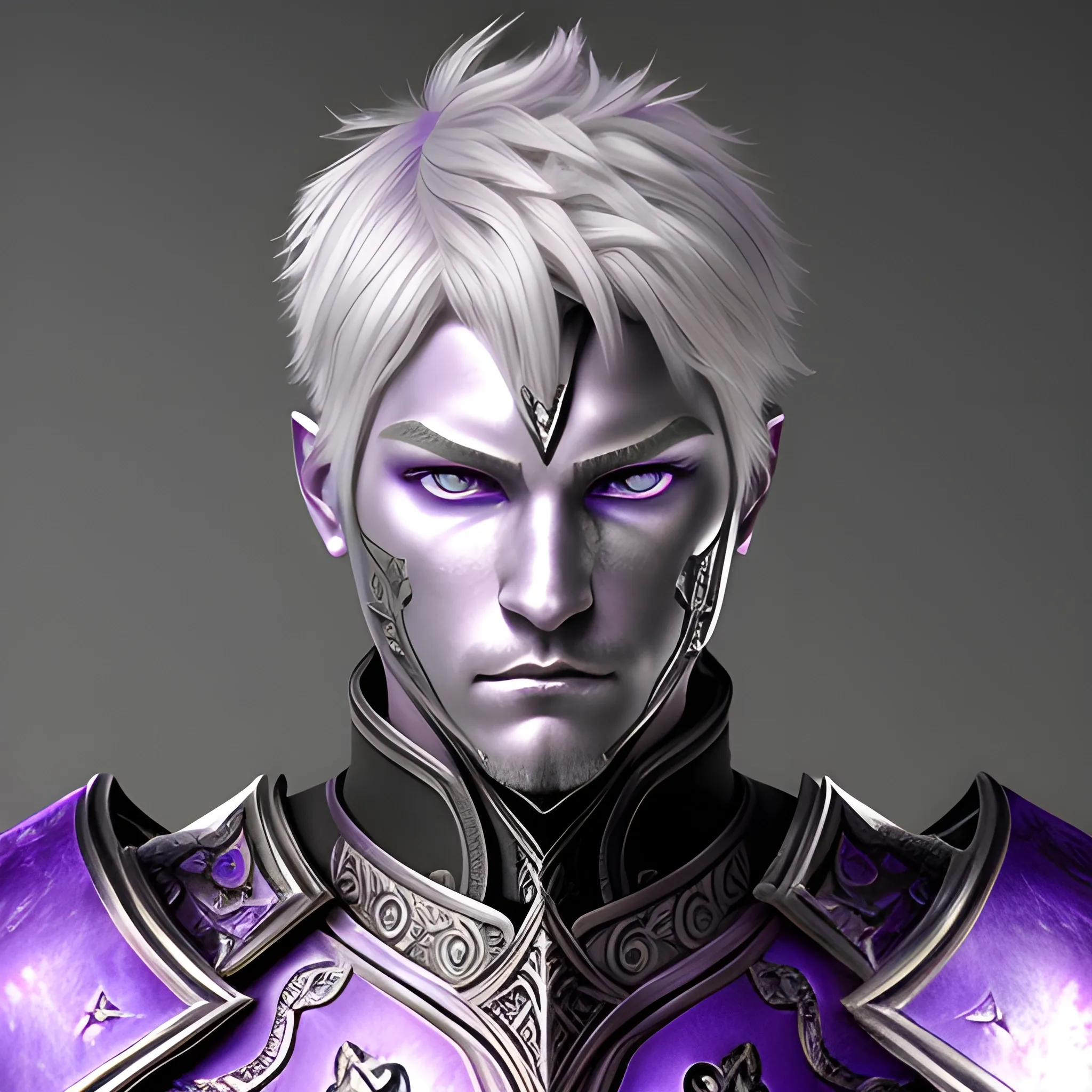 fantasy, paladin, warrior, male, short silver hair, purple eyes, violet eyes, intricate heavy armor, hyper realistic, 3D, elegant, mysterious, strong, silver hair, sword, middle-aged