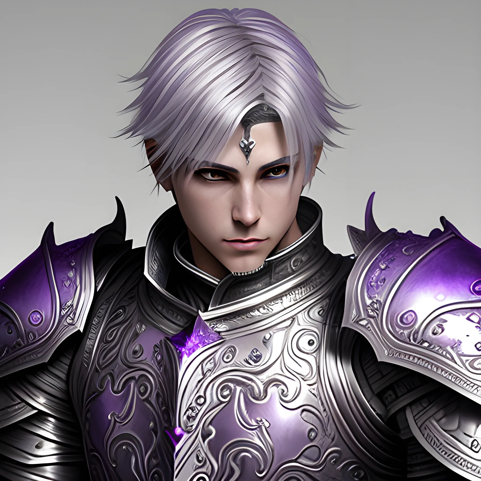fantasy, paladin, warrior, male, short silver hair, purple eyes, violet eyes, intricate heavy armor, hyper realistic, 3D, elegant, mysterious, strong, silver hair, sword, middle-aged