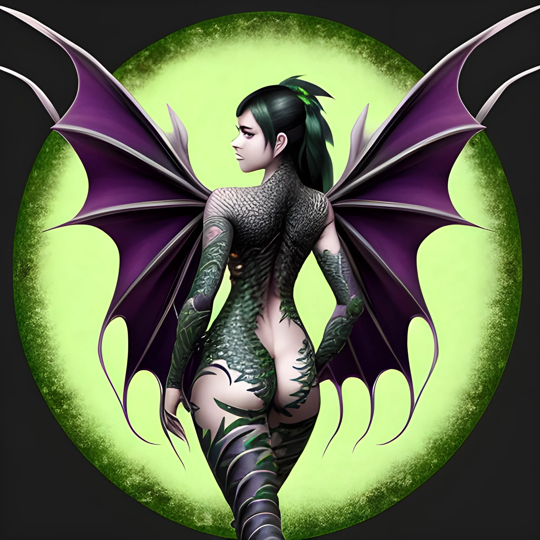 Half dragon who has patches of emerald green scales on her face, back of her arms, sides of her thighs, and along her sides.. She is female. She has black hair and black eyes. Large dragon wings and a tail. Full body image.