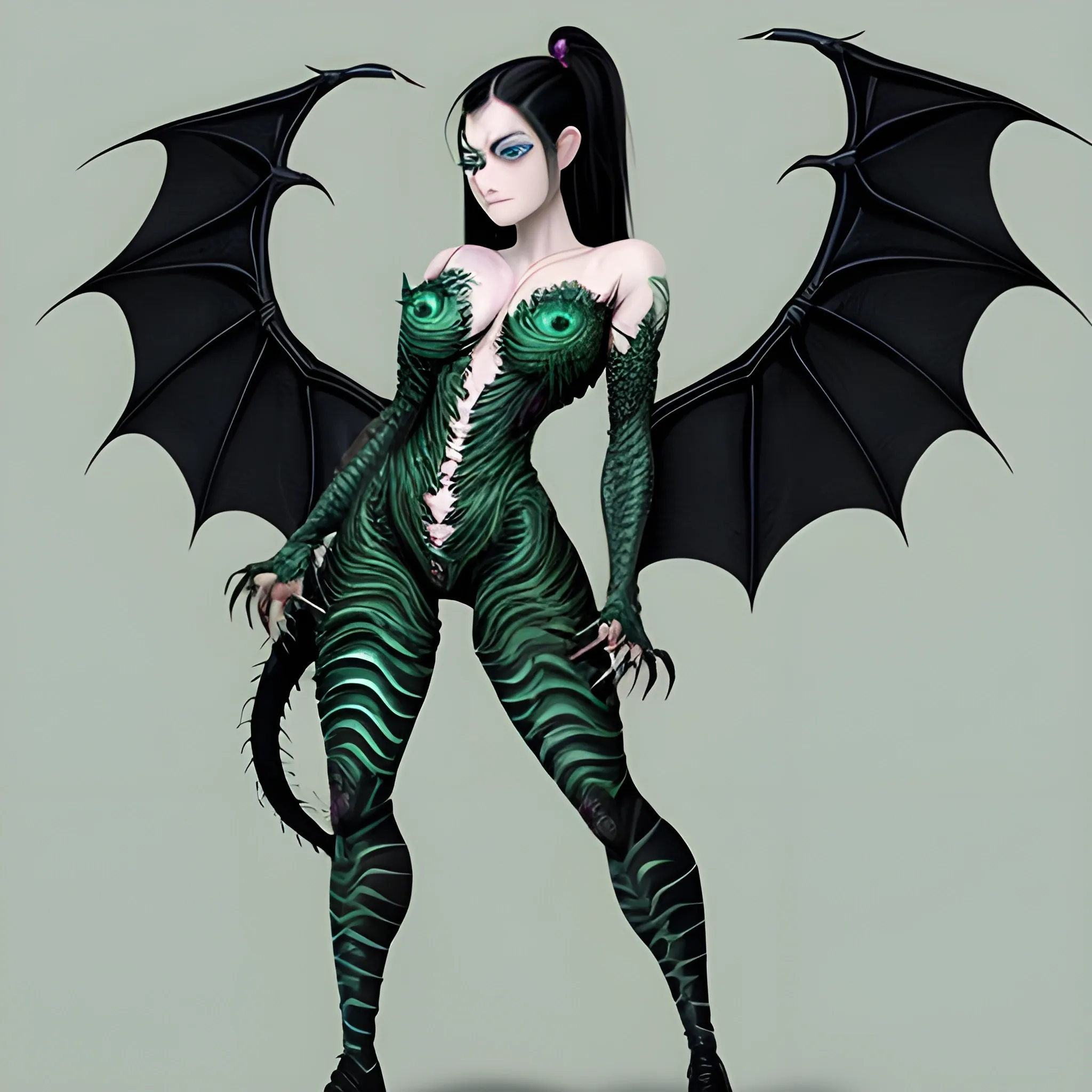 Half dragon who has patches of emerald green scales on the sides of her face, back of her arms, sides of her thighs, and along her sides.. She is female. She has black hair and black eyes. Large dragon wings coming out of her shoulder blades and a tail. Full body image. Black claws coming from her fingers and black talons on her feet., Trippy