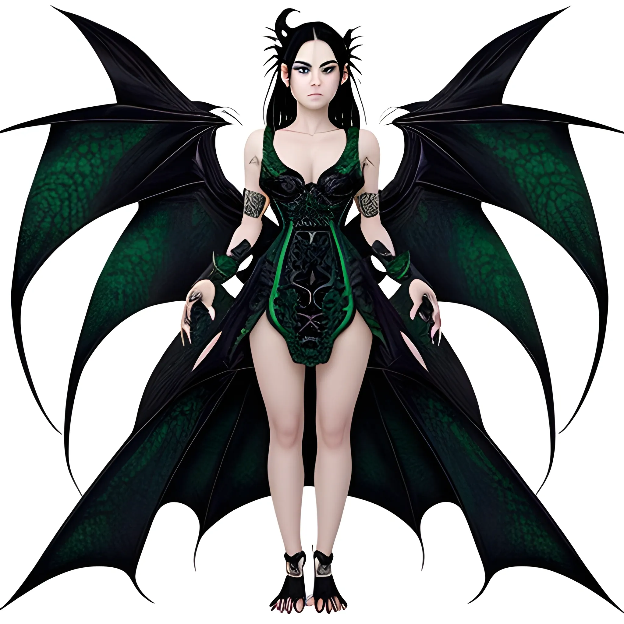 Half dragon who has patches of emerald green scales on the sides of her face, back of her arms, sides of her thighs, and along her sides.. She is female. She has black hair and black eyes. Large dragon wings coming out of her shoulder blades and a tail. Full body image. Black claws coming from her fingers and black talons on her feet. She is wearing a black dress., Trippy