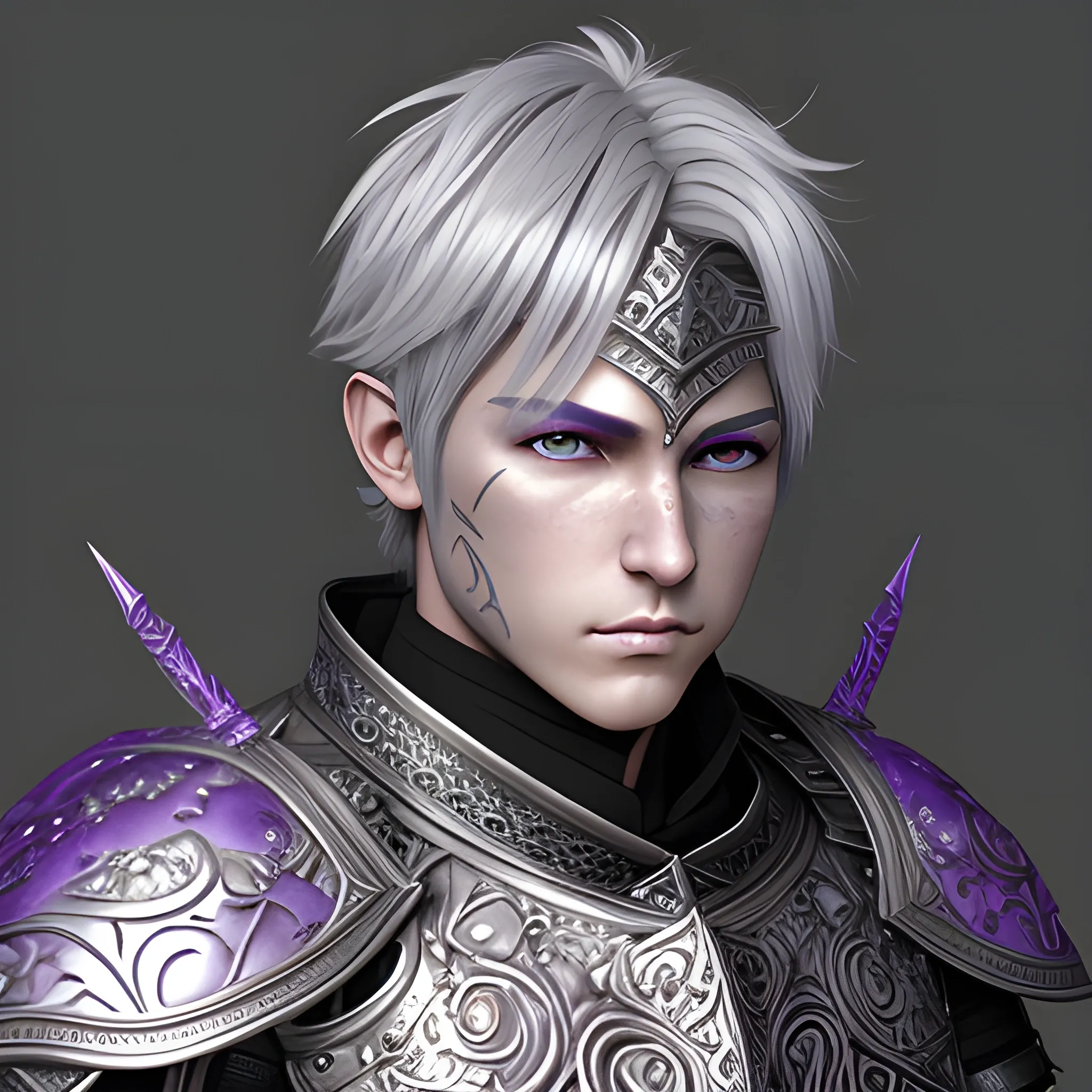 fantasy, paladin, warrior, male, short silver hair, purple eyes, violet eyes, intricate heavy armor, hyper realistic, 3D, elegant, mysterious, strong, silver hair, sword, middle-aged, silver and grey skin
