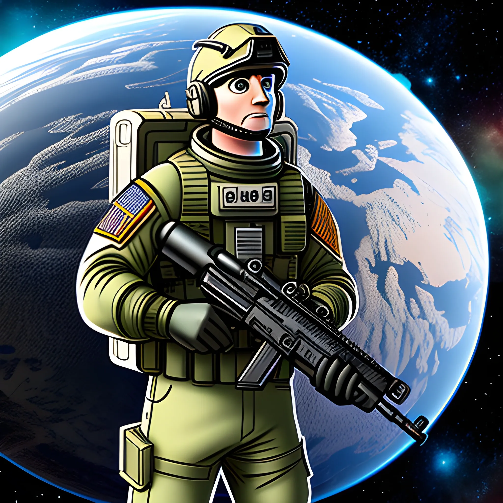 Cartoon special ops soldier in space