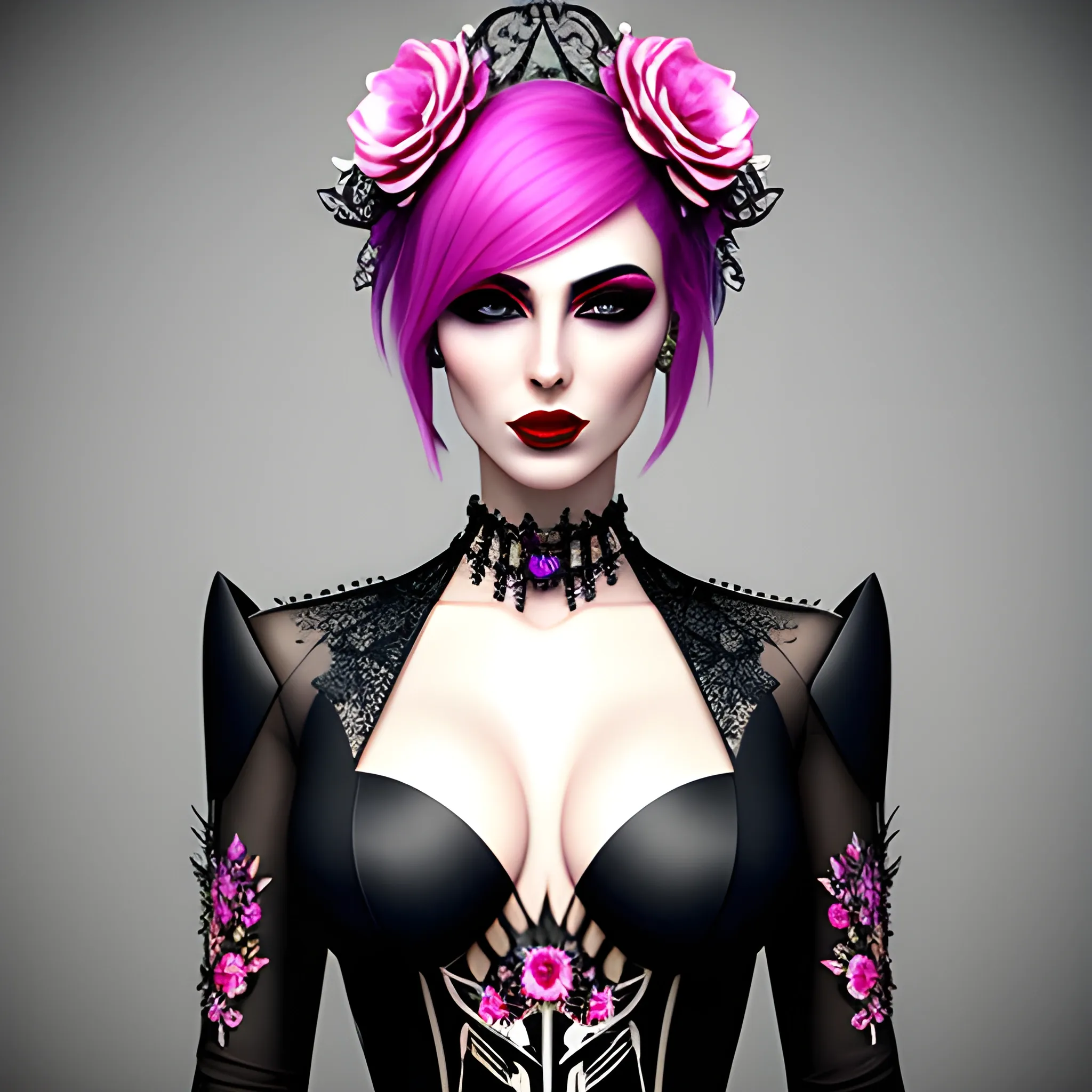 Portrait of a beautiful girl in bloom, mysterious and elegant floral punk fashion, 3D