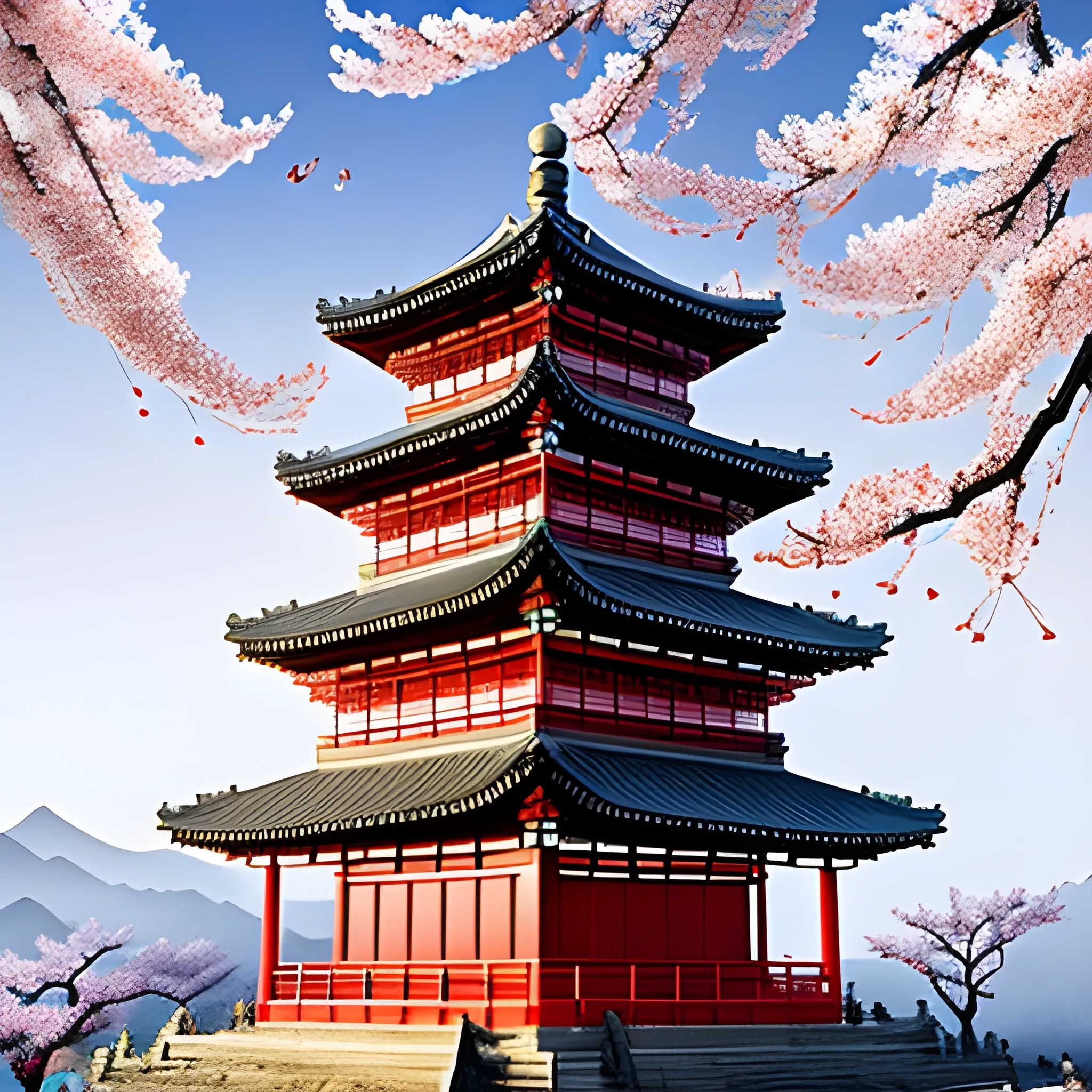 Ancient pagoda from the Song Dynasty in China, white clouds and snowy scenery in the southern sky, red plum blossoms, the ultimate artistic conception, master, 3D, 3D