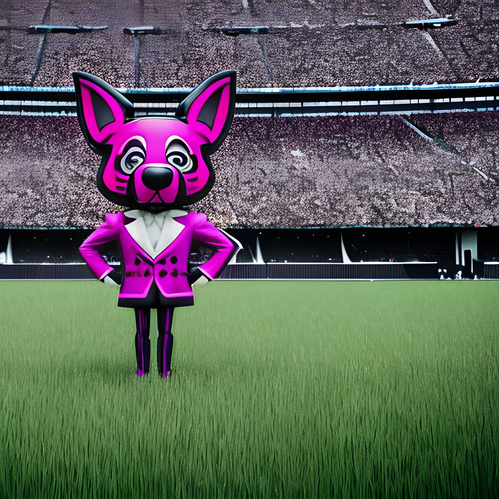 a mascot standing in some grass next to an event, in the style of neue sachlichkeit, dark magenta and light gray, kodak ultramax, pont-aven school, caninecore, bold and energetic, 32k uhd, Trippy, 3D