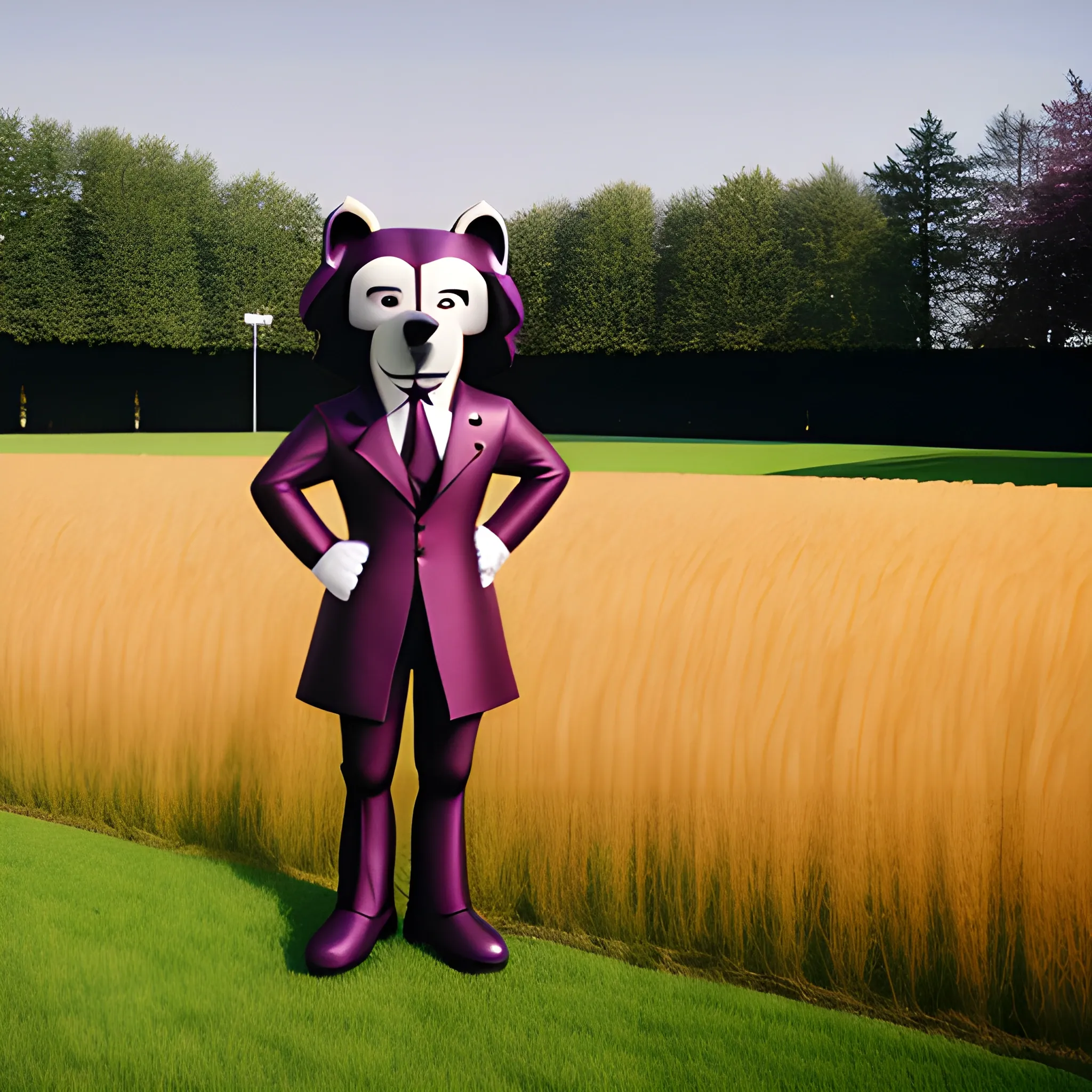 a mascot standing in some grass next to an event, in the style of neue sachlichkeit, dark magenta and light gray, kodak ultramax, pont-aven school, caninecore, bold and energetic, 32k uhd, 3D