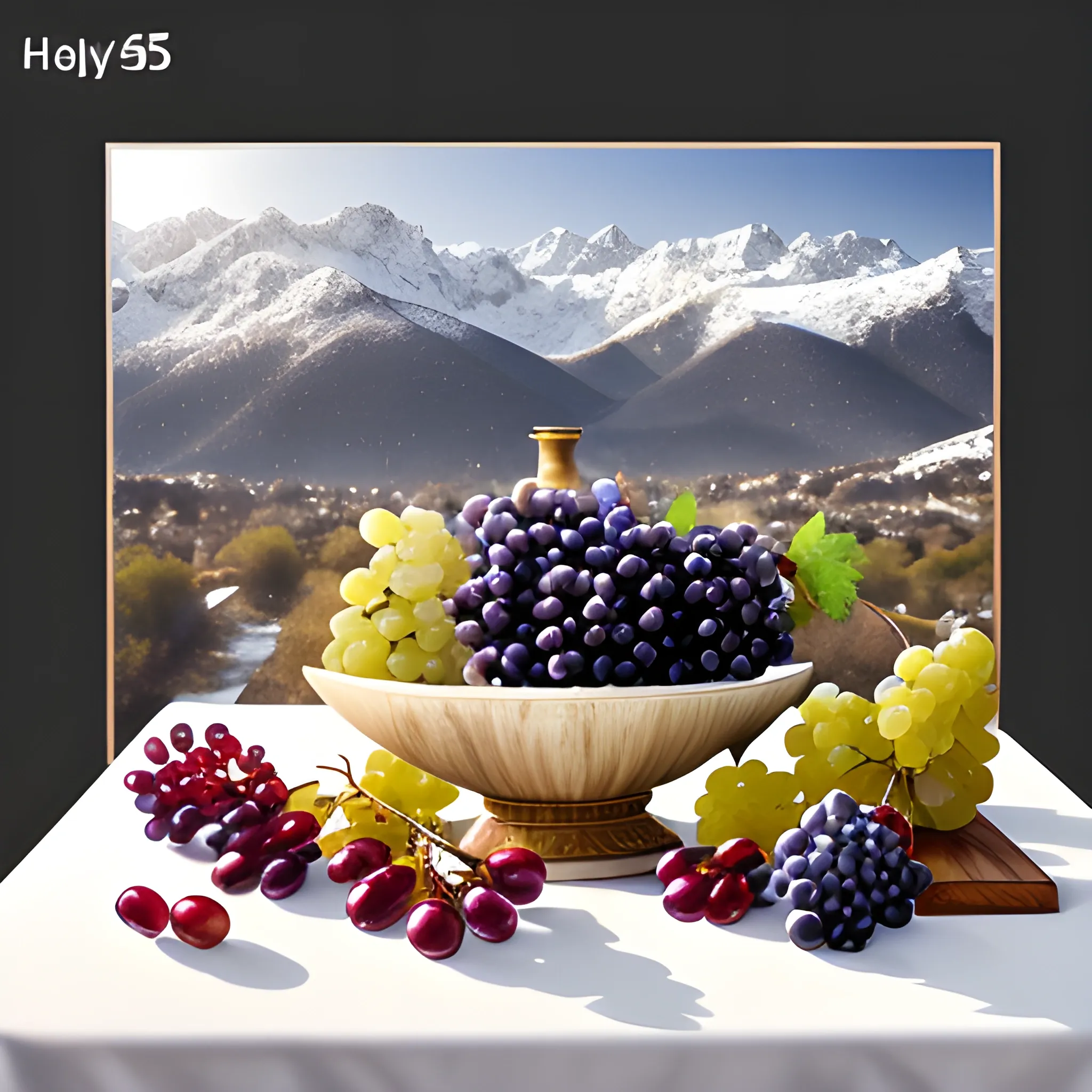 On a white table there is a wooden vase with fruits, grapes, pomegranates. Nuts and grape leaves are scattered nearby. Snowy mountains in the background. Photorealistic photo, high quality 4K - 8K. Good focusing, bright lighting, high detail. Elaborated lights, shadows and highlights., Trippy, 3D