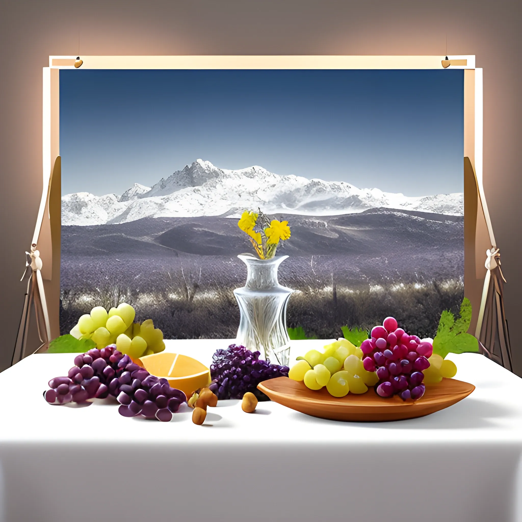 On a white table there is a wooden vase with fruits, grapes, pomegranates. Nuts and grape leaves are scattered nearby. Snowy mountains in the background. Photorealistic photo, high quality 4K - 8K. Good focusing, bright lighting, high detail. Elaborated lights, shadows and highlights., Trippy, 3D, Pencil Sketch