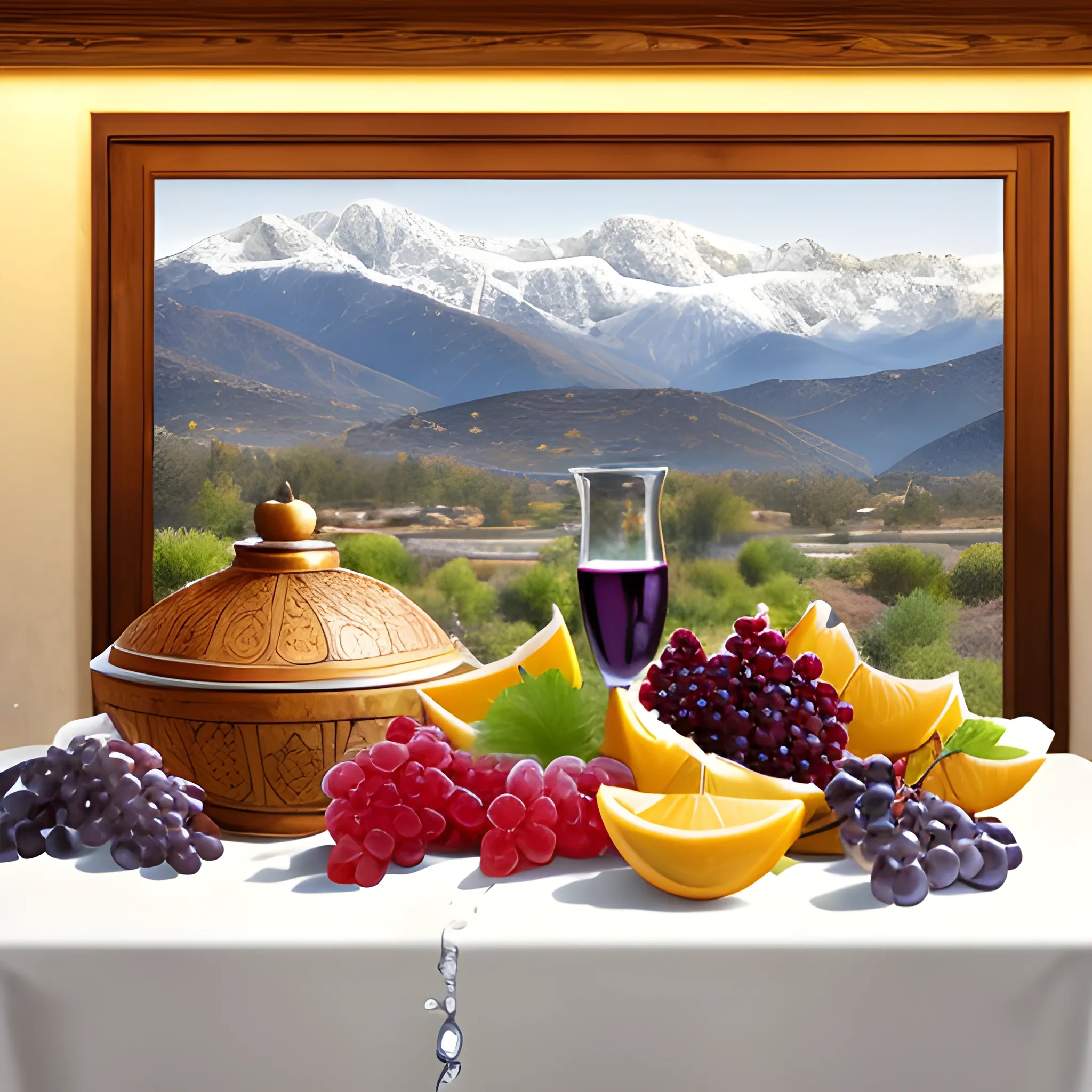 On a white table there is a wooden vase with fruits, grapes, pomegranates. Nuts and grape leaves are scattered nearby. Snowy mountains in the background. Photorealistic photo, high quality 4K - 8K. Good focusing, bright lighting, high detail. Elaborated lights, shadows and highlights., , Water Color