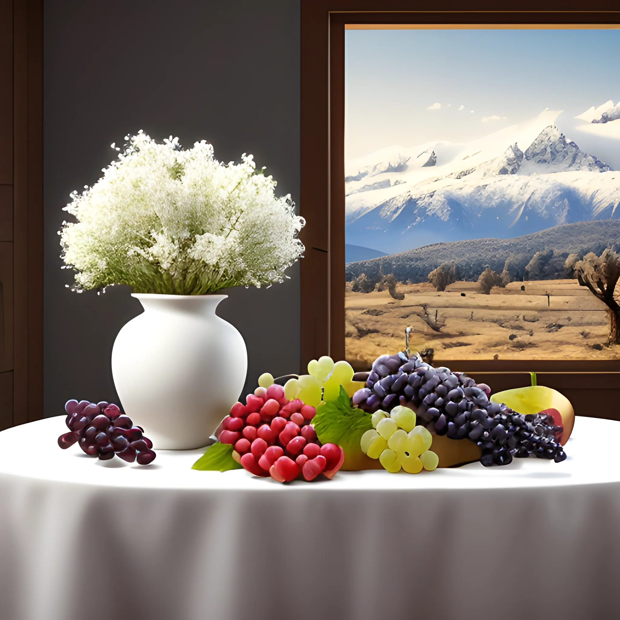 On a white table there is a wooden vase with fruits, grapes, pomegranates. Nuts and grape leaves are scattered nearby. Snowy mountains in the background. Photorealistic photo, high quality 4K - 8K. Good focusing, bright lighting, high detail. Elaborated lights, shadows and highlights., , 3D