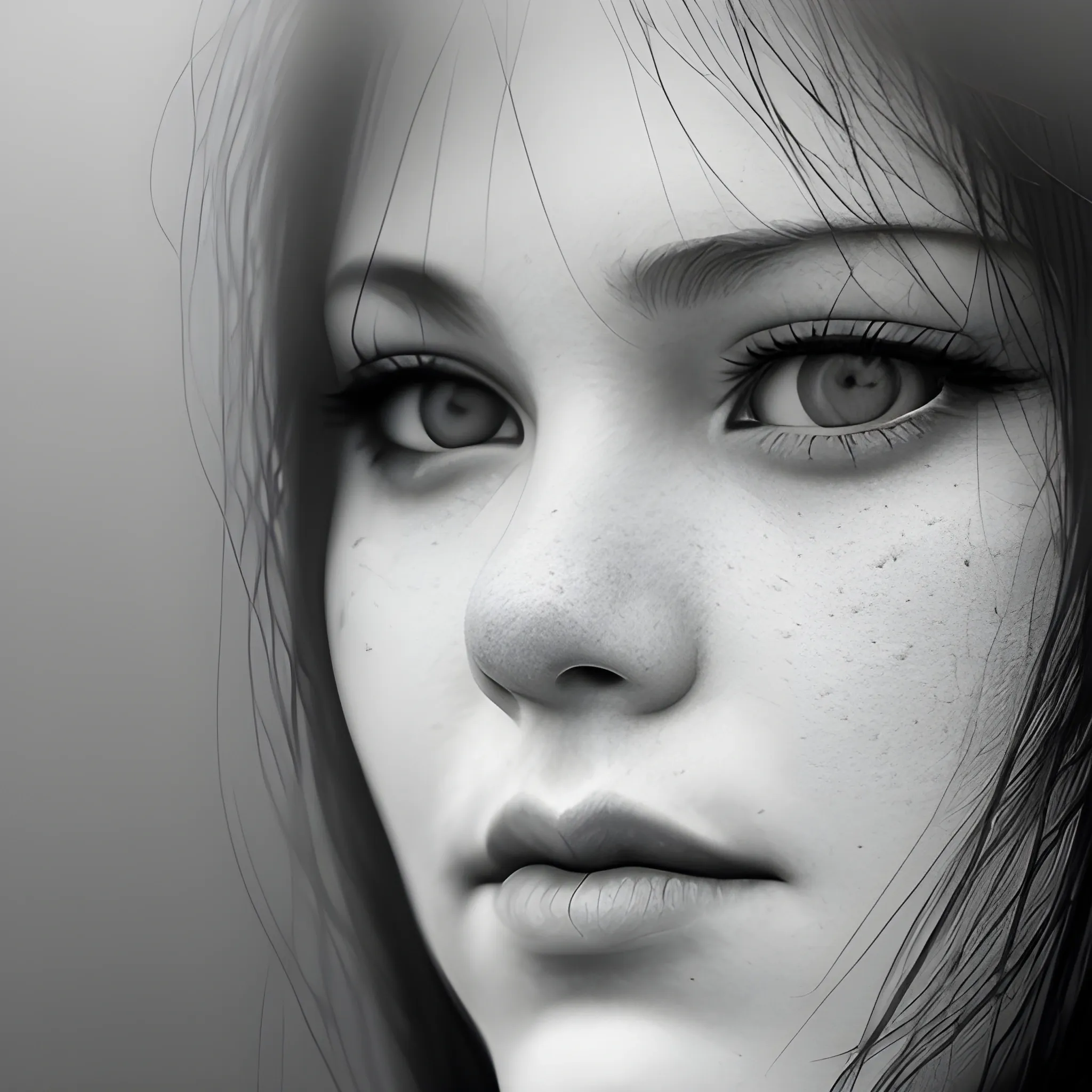 female portrait face, close up, foggy background, monochrome