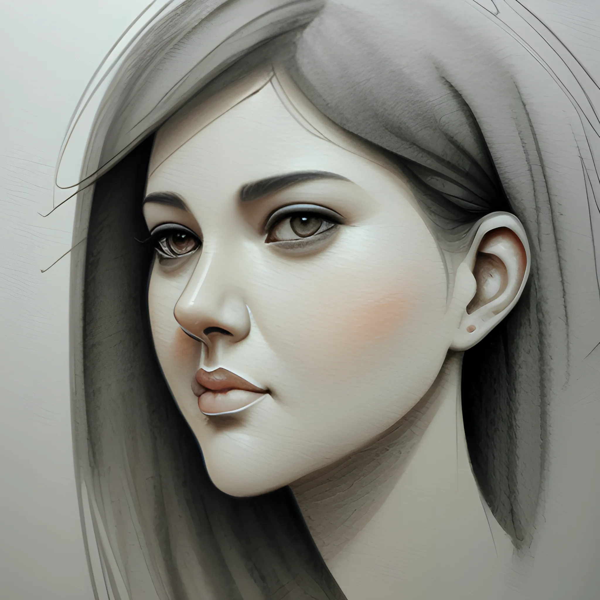 female portrait face, close up, foggy background, monochrome, Pencil Sketch, Water Color, Oil Painting, 3D, Cartoon