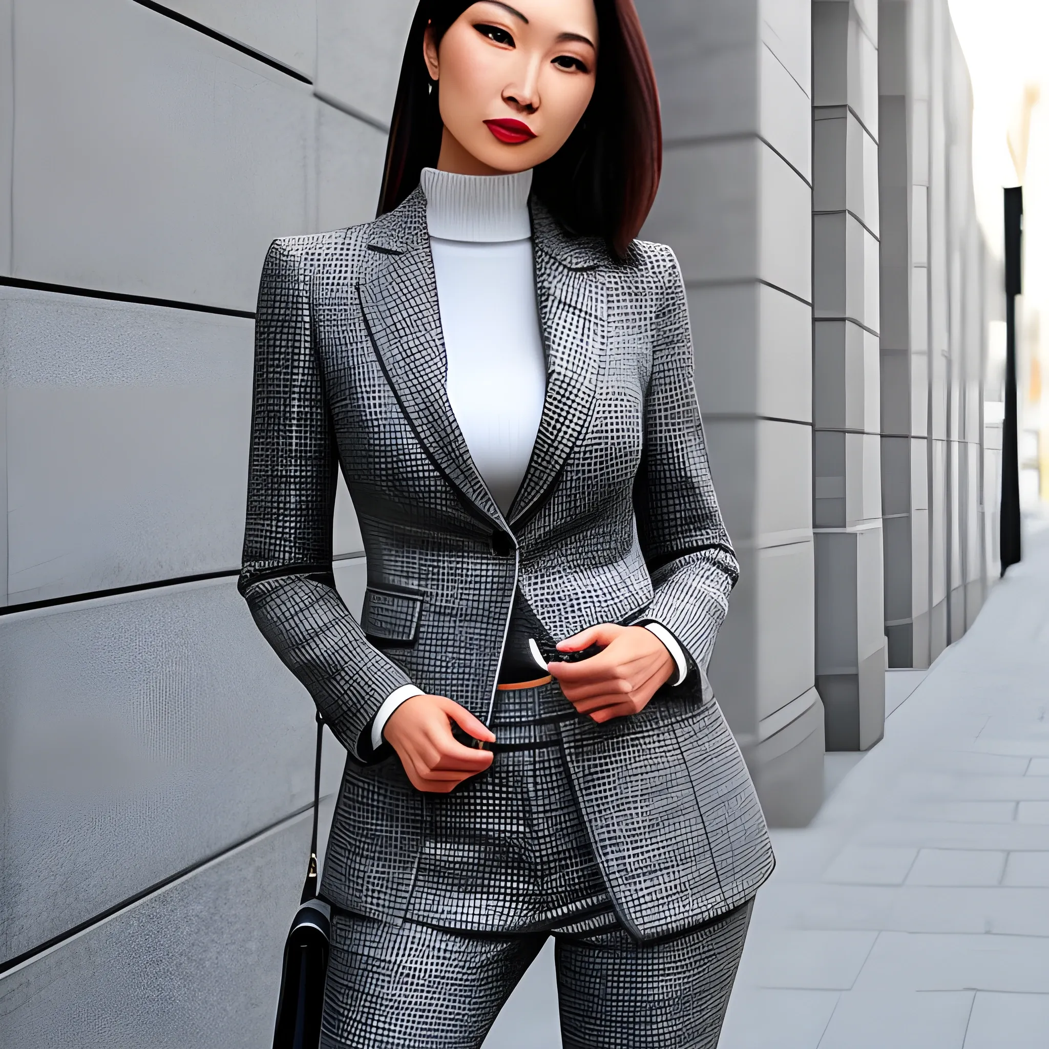 Eurasian girl wearing gray tweed blazer suit, street style