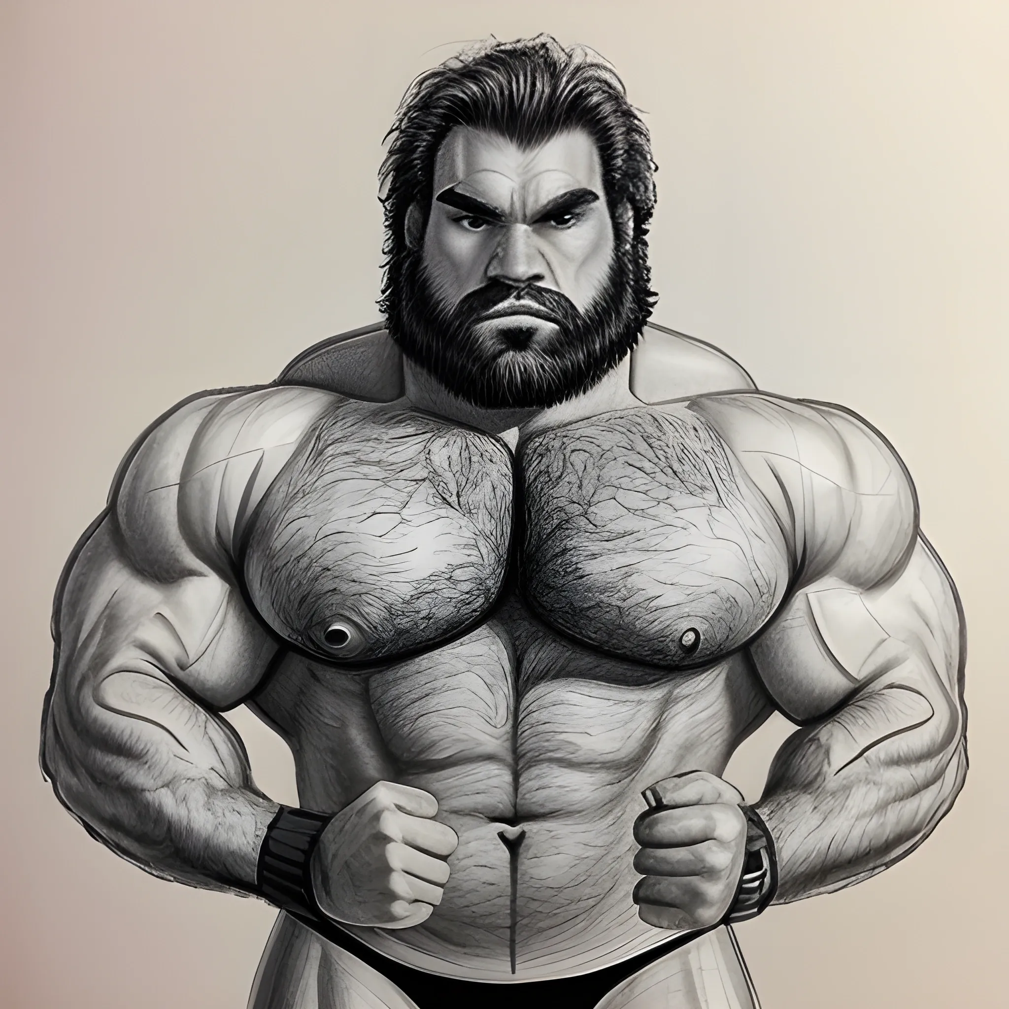 Buff super hairy men in wrestling singlet with a gigantic penis , Pencil Sketch