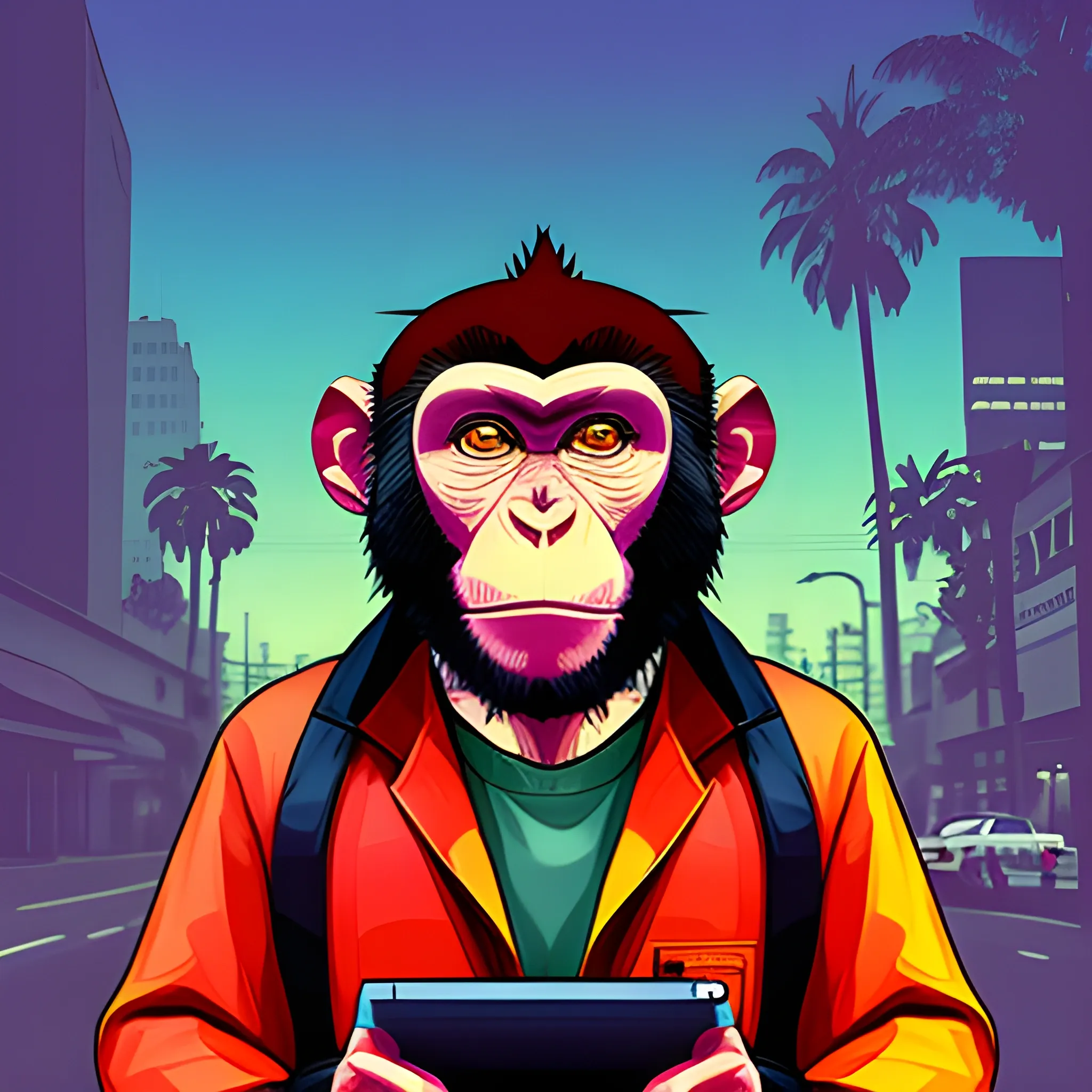  monkey, creating software, gta style, colorful