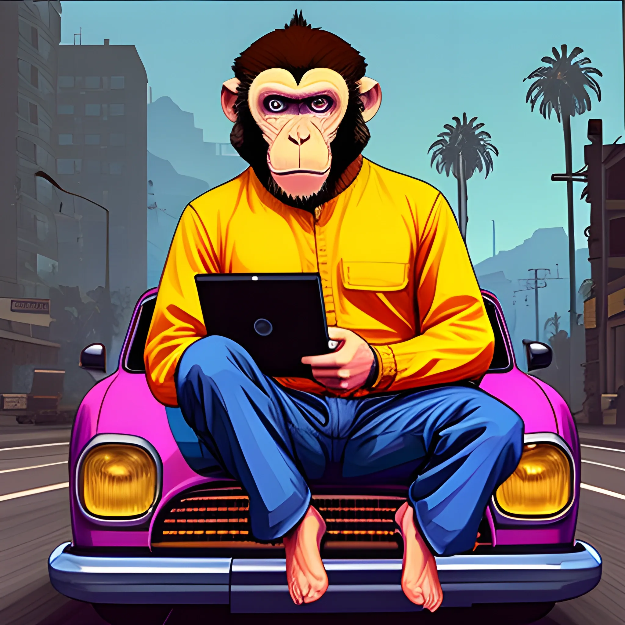  monkey, creating software, gta style, colorful