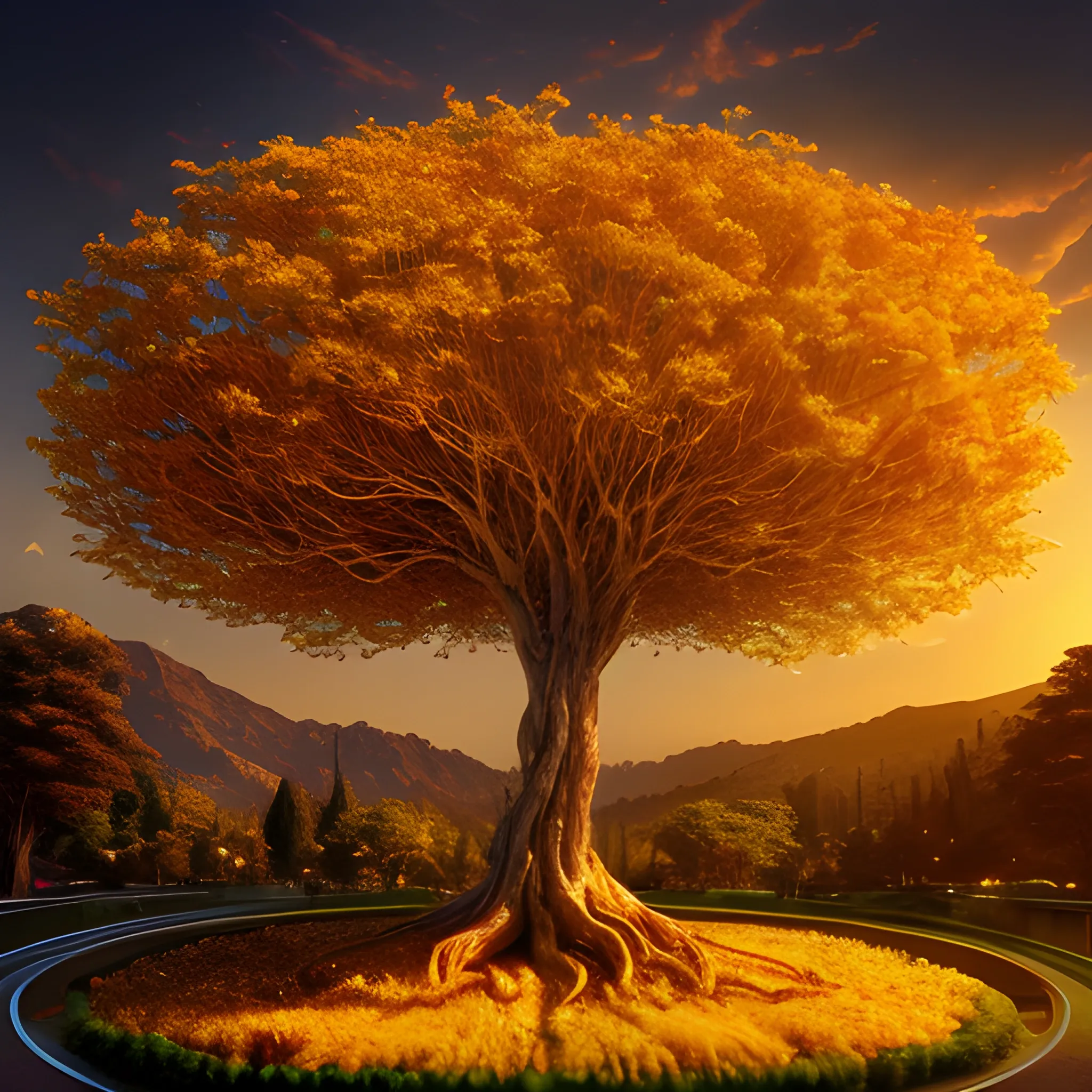 a beautiful photo inspired by arcadia, cinematic atmospheric masterpiece, award winning, hyperdetailed, fantastic, wonderful image of a  radiant golden tree, that is used for the promotion of the golden tree life center. 
