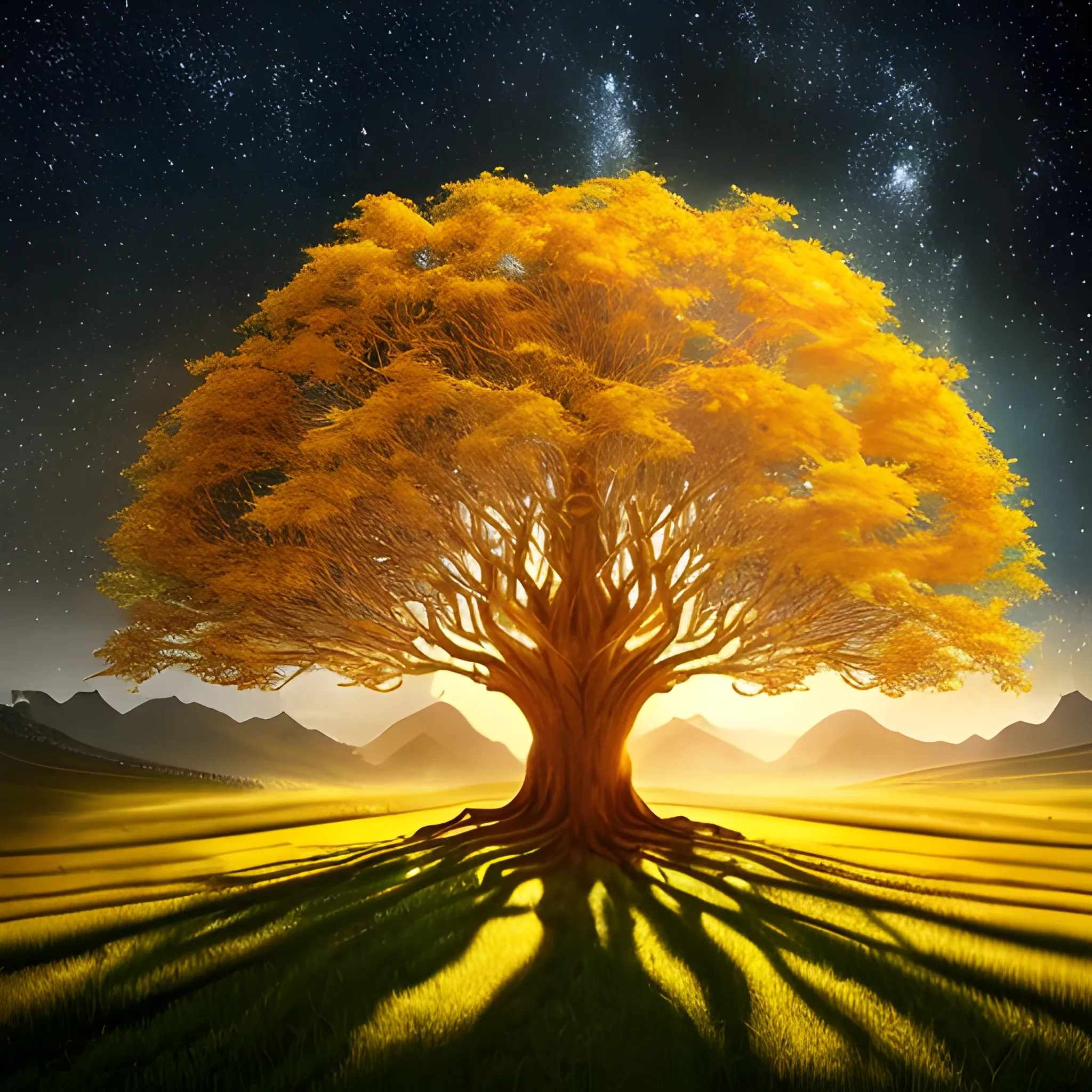 A fantastic world, a magical Valley, an enchanted land bathed in a golden mist, age-old golden tree with their majestic branches touching the stars and their silvery roots.