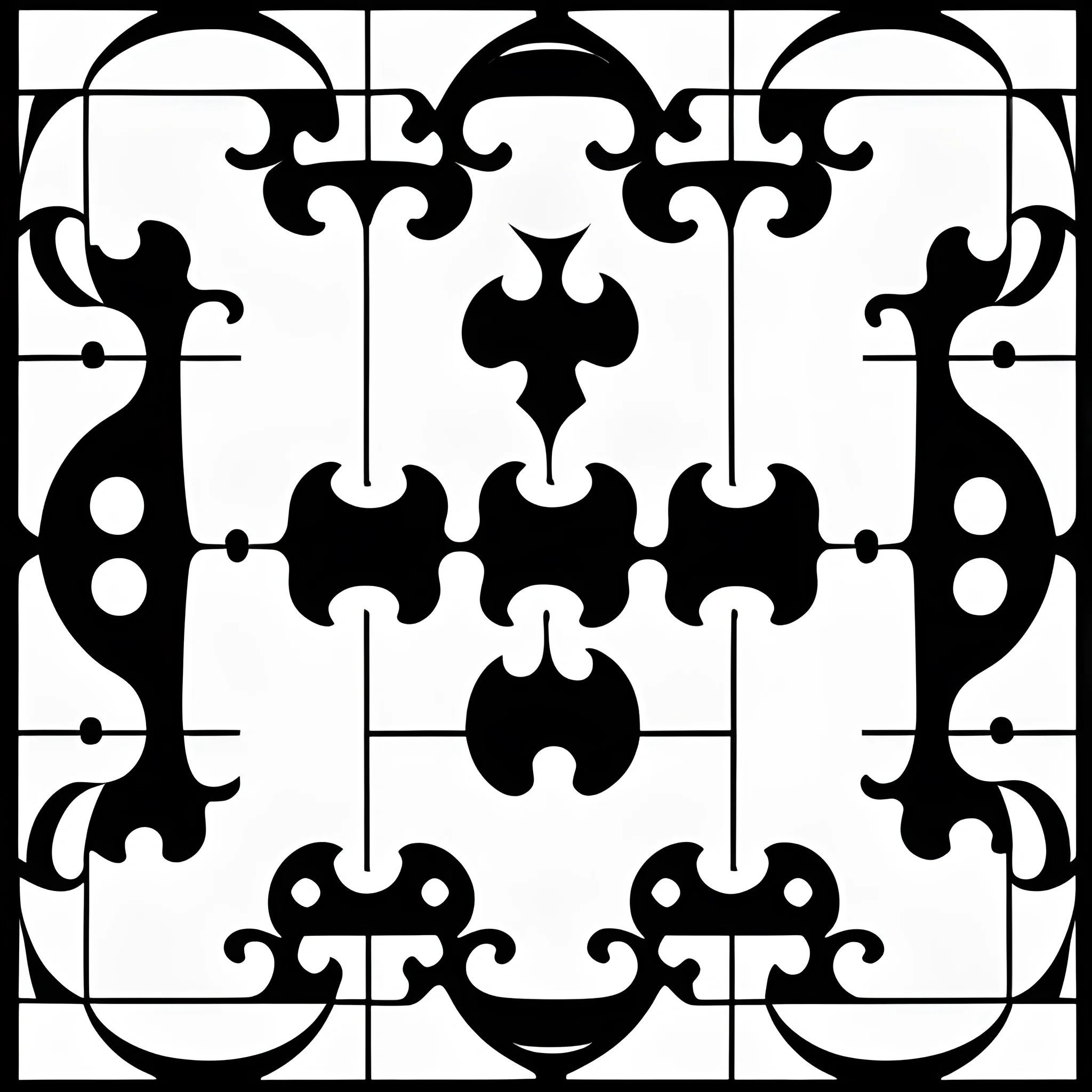 complex puzzle pattern with differente pieces, white pieces, black border, pieces with straight edges, square resolution., Cartoon.