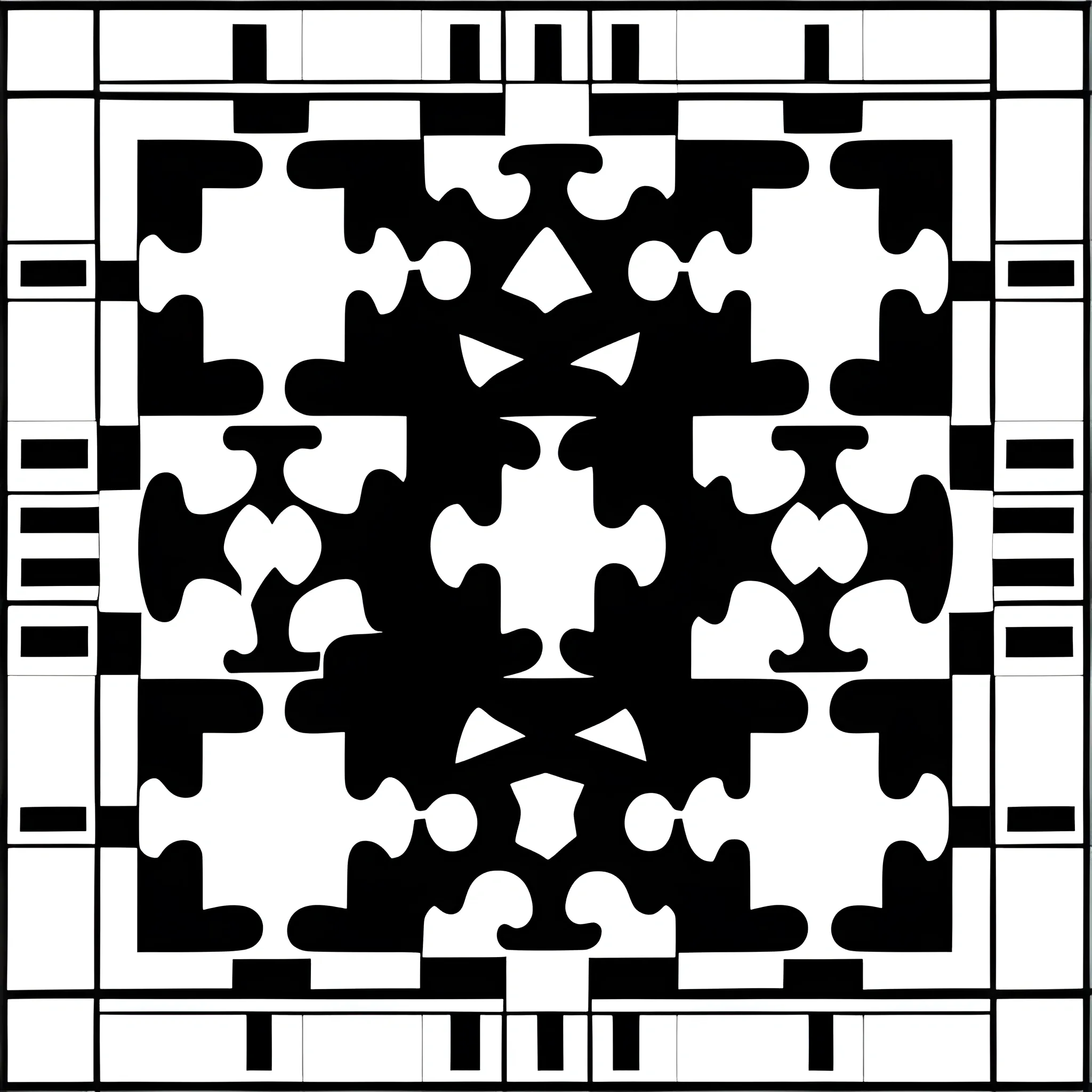puzzle pattern with differente pieces, white pieces, black border, pieces with straight edges, square resolution., Cartoon.