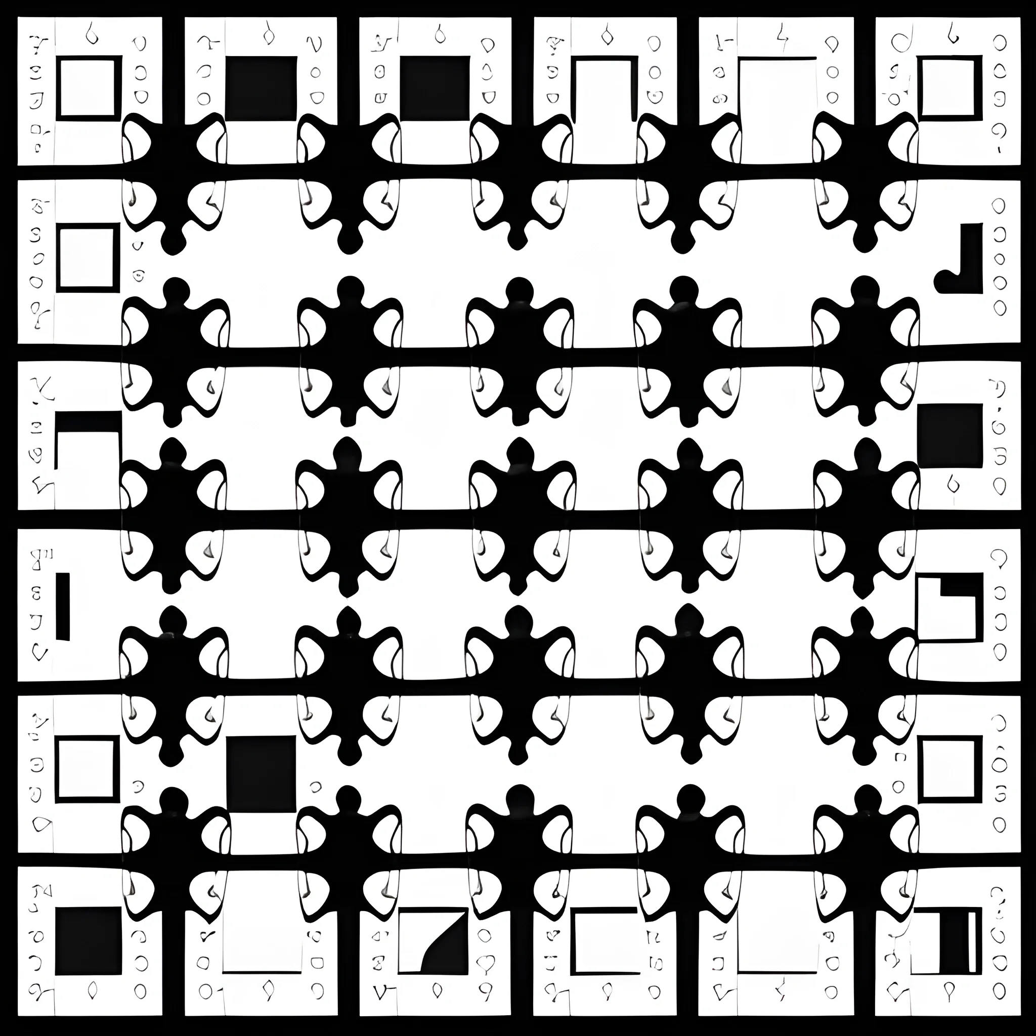 puzzle pattern with 20 differente pieces, white pieces, black border, pieces with straight edges, square resolution., Cartoon.