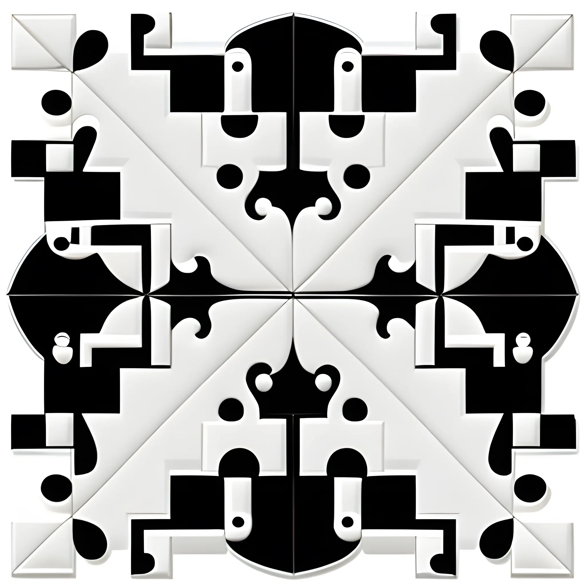 puzzle pattern with 20 differente pieces, white pieces, black border, pieces with straight edges, square resolution., Cartoon., 3D