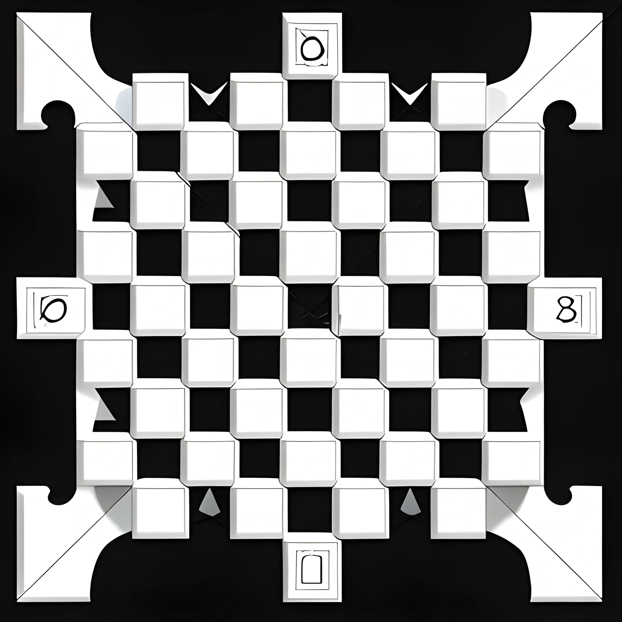 simple puzzle pattern with 20 differente pieces, white pieces, black border, pieces with straight edges, square resolution., Cartoon., 3D
