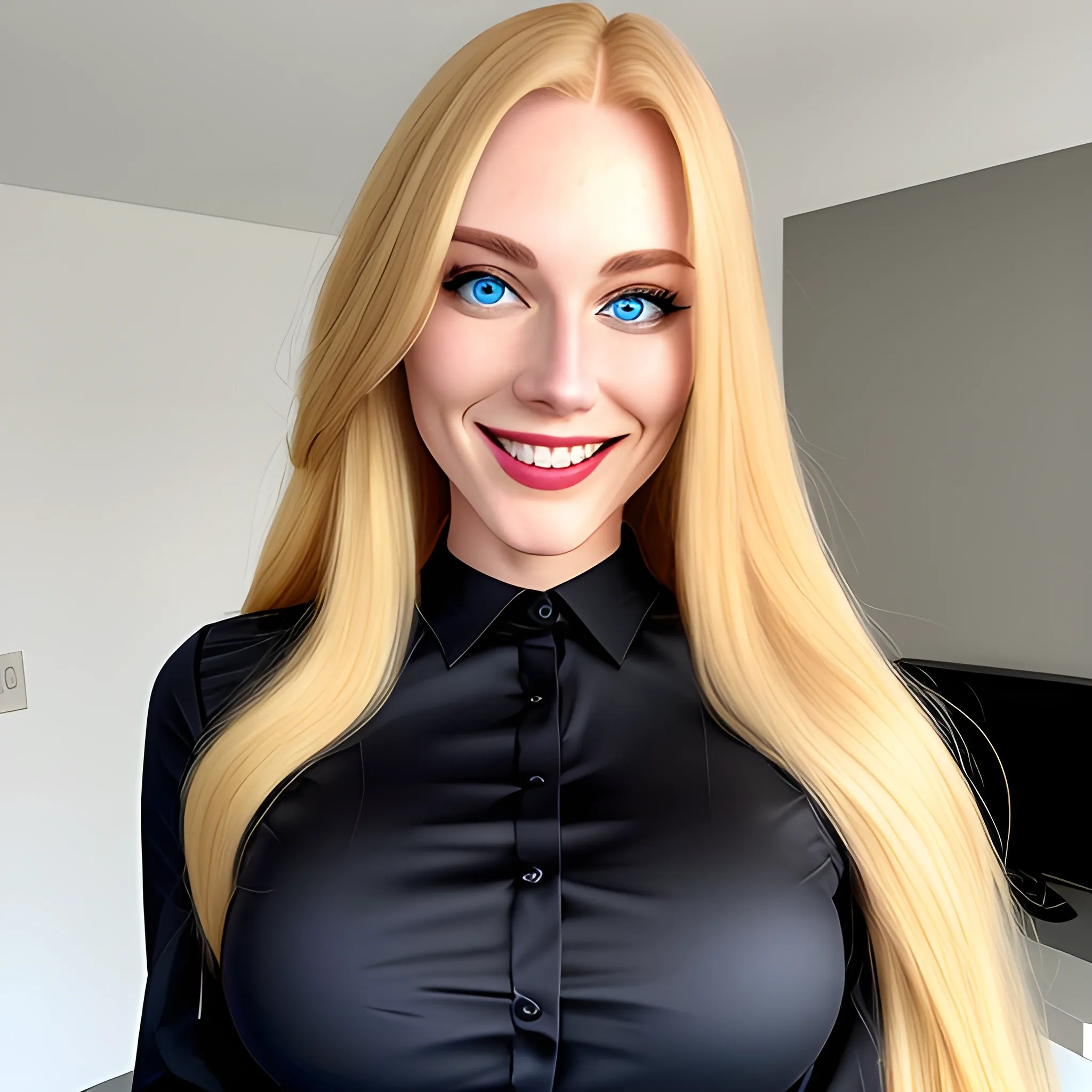 A 19 years old blond girl with blue eyes, long hairs, small, with black top, downblouse, with charming smile, in a modern flat.