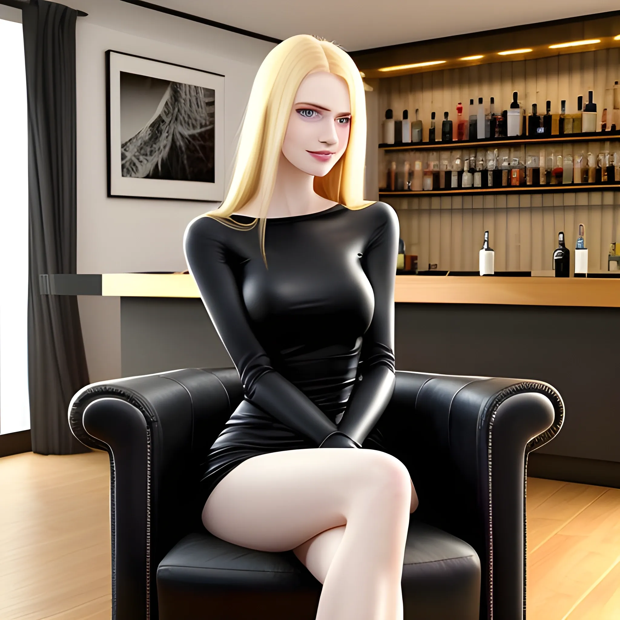 A 18 years old blond girl with blue eyes, pale skin, long hairs, small, cute face, with black top low-necked, with natural cup D breast, with charming smile, in a modern flat. She is seated on a tall chair in front of a bar. Behind her there is a black leather sofa. The sofa is turned back to her. In front of the sofa there is a large tv. 3D