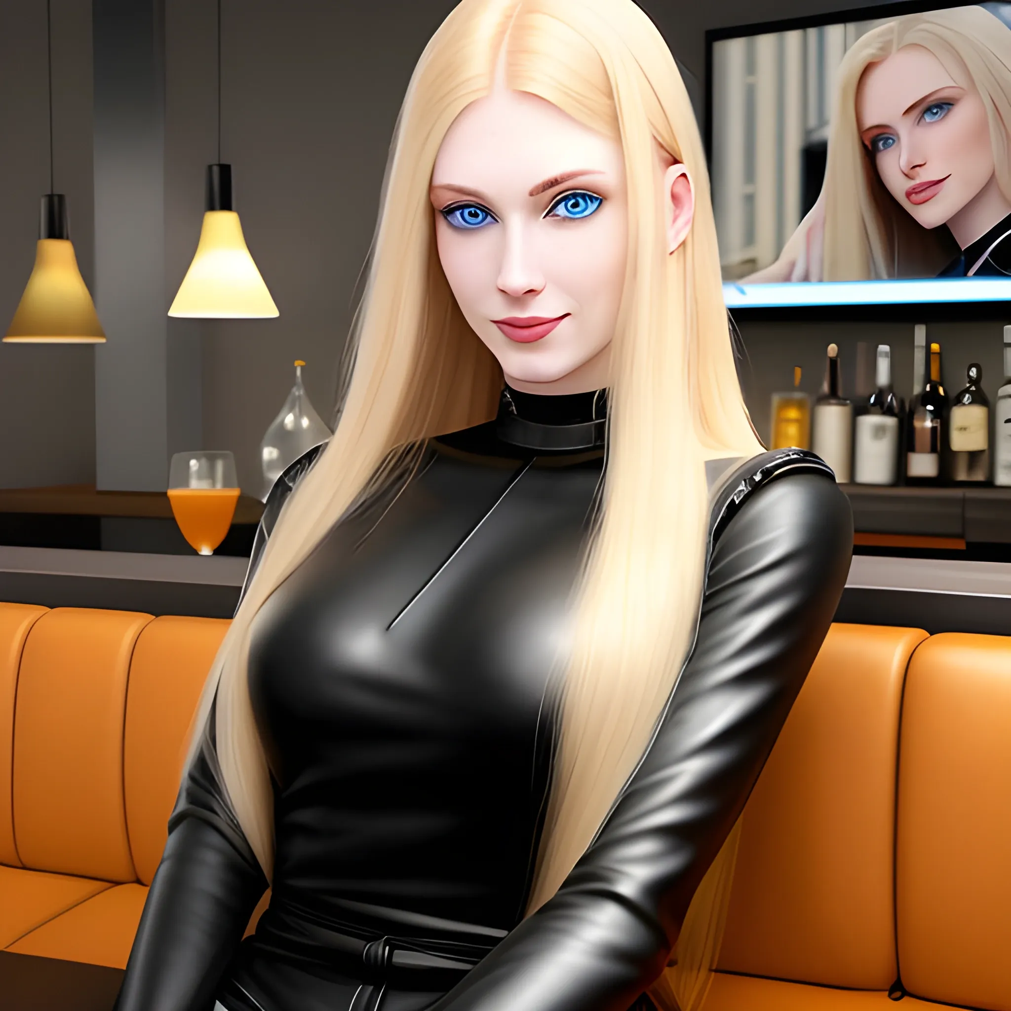 A 18 years old blond girl with blue eyes, pale skin, long hairs, small, cute face, with black top low-necked, with natural cup D breast, with charming smile, in a modern flat. She is seated on a tall chair in front of a bar. Behind her there is a black leather sofa. The sofa is turned back to her. In front of the sofa there is a large tv. 3D