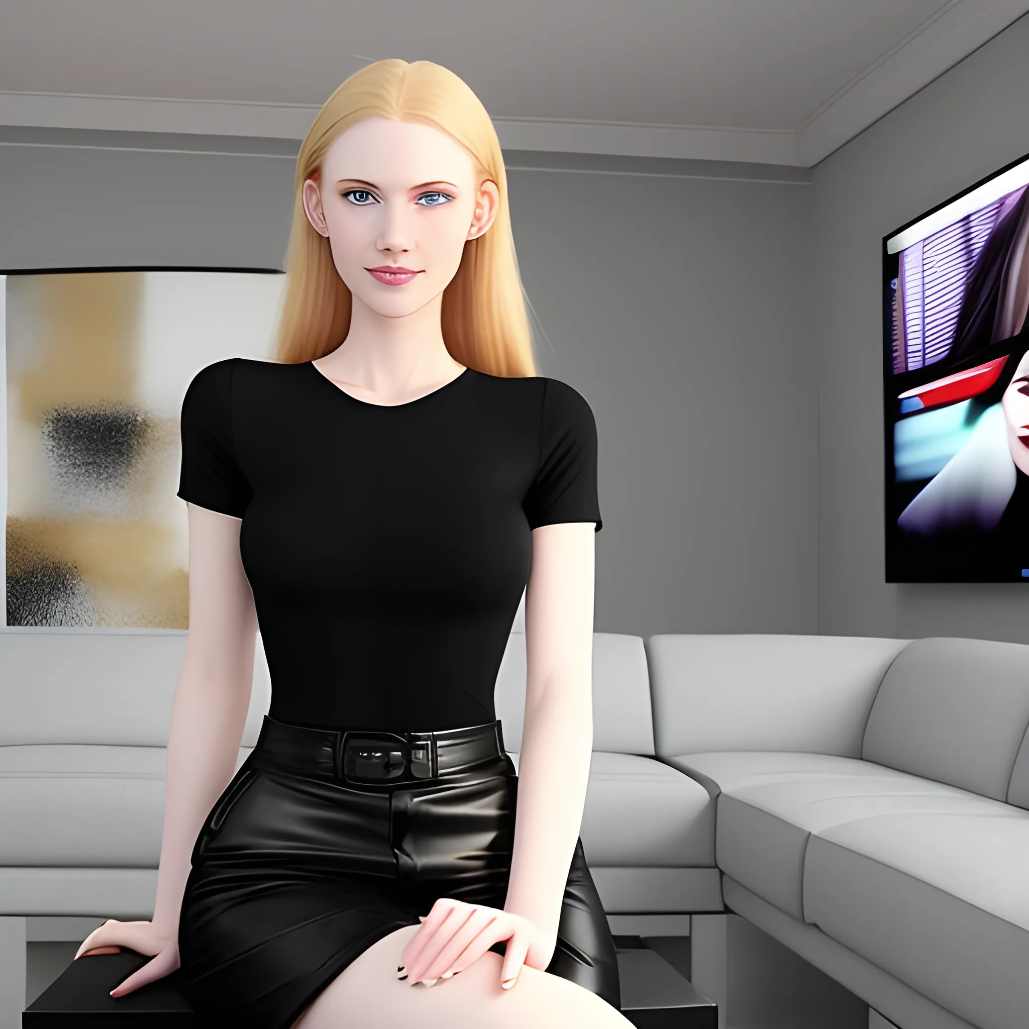 A 18 years old blond girl with blue eyes, pale skin, long hairs, normal sized, cute face,  charming smile, in a modern flat. She is dressed with a black short top. She is seated on a high stool. Behind her there is a black leather sofa. The sofa is turned back to her. In front of the sofa there is a large tv. 3D