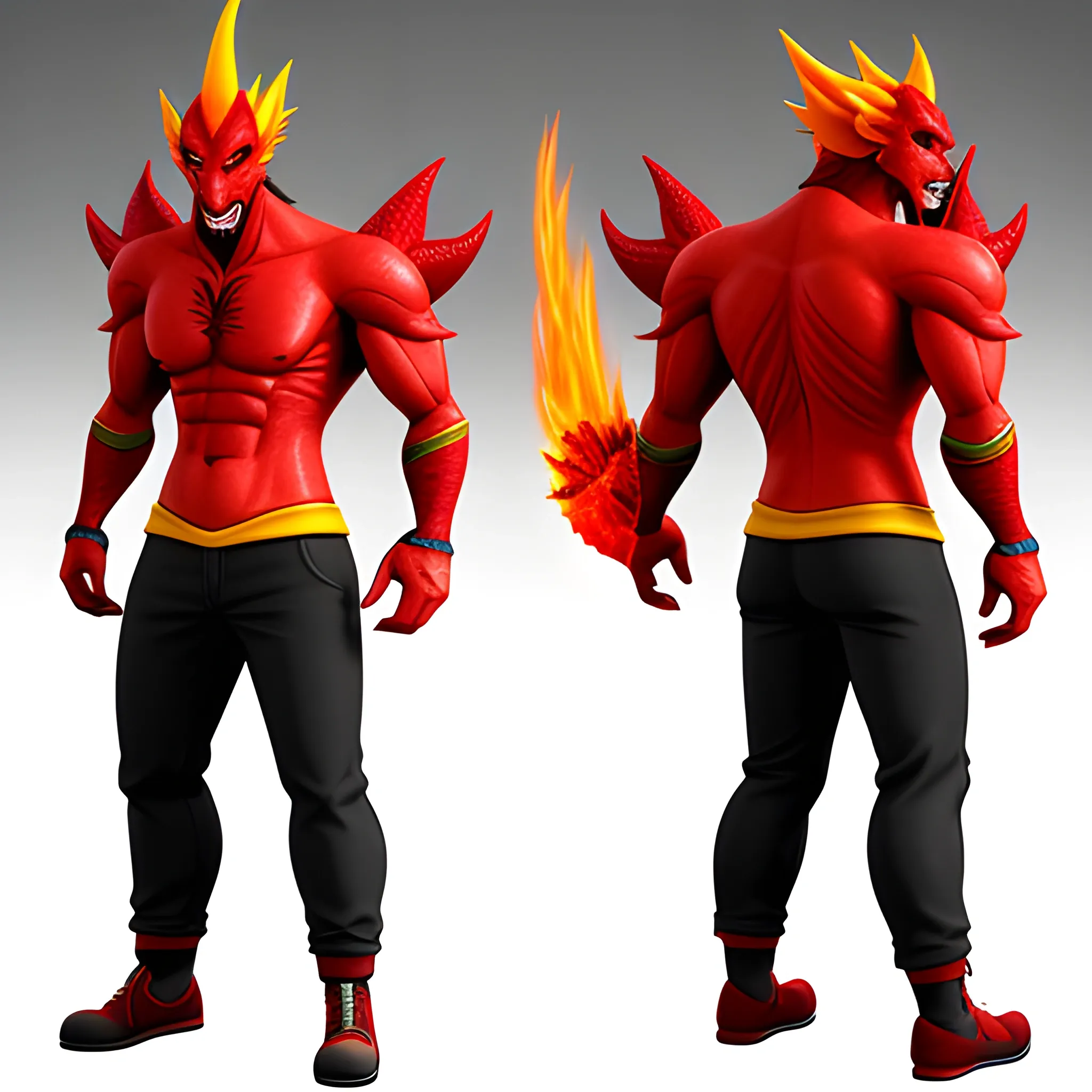 create a full  animated body of a character that is a little Mango gamer , with a  small red dragon 
breathing fire from the mouth on the shoulder , Cartoon, 3D